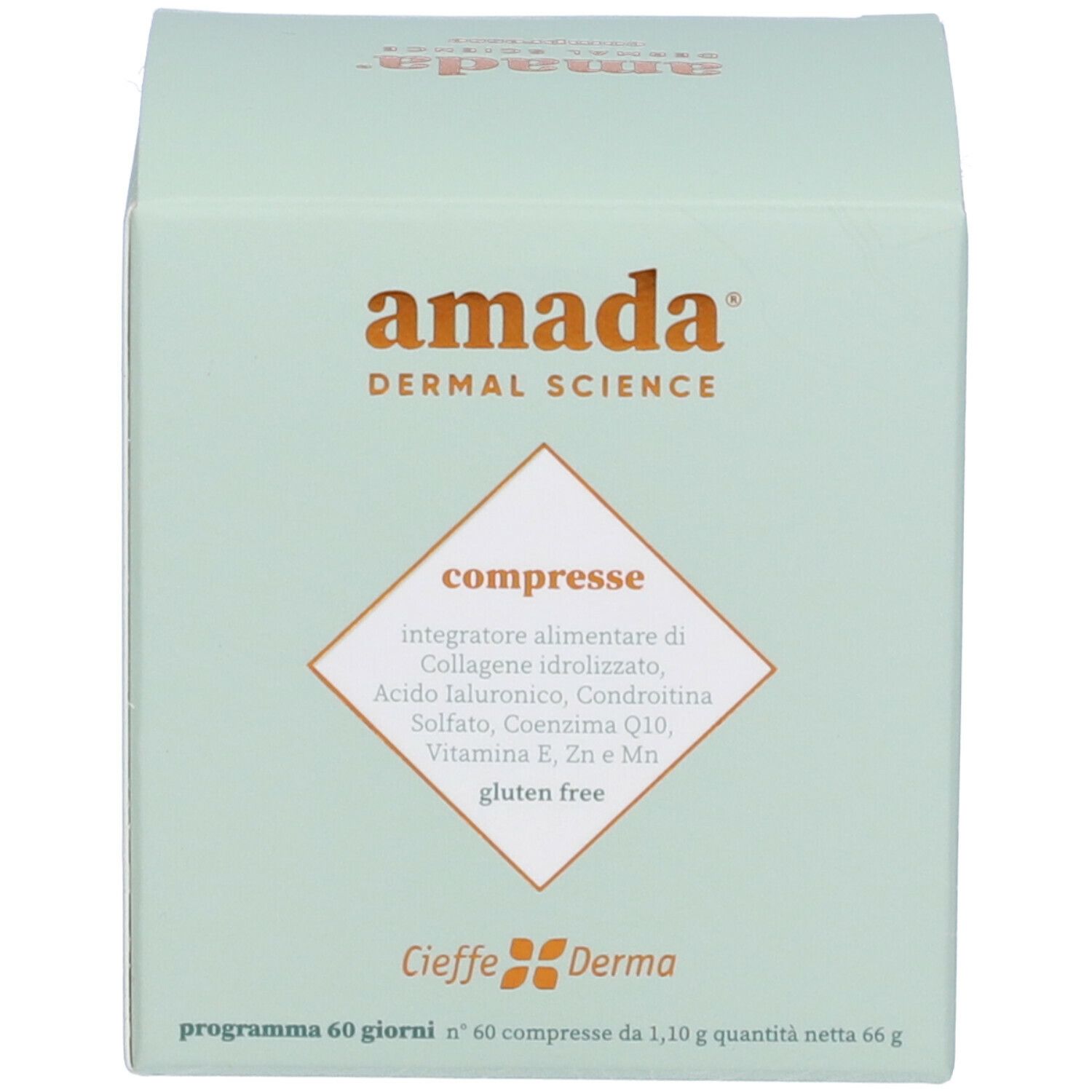 Scatola verde con scritta: amada, compresse. Contiene collagene, acido ialuronico, condroitina, coenzima Q10. 60 compresse.