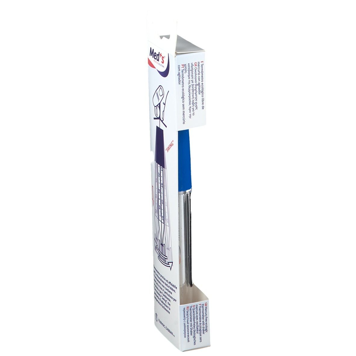 Med's Thermometer in Verpackung, blau-weißer Griff, Messbereich bis 40 Grad Celsius.