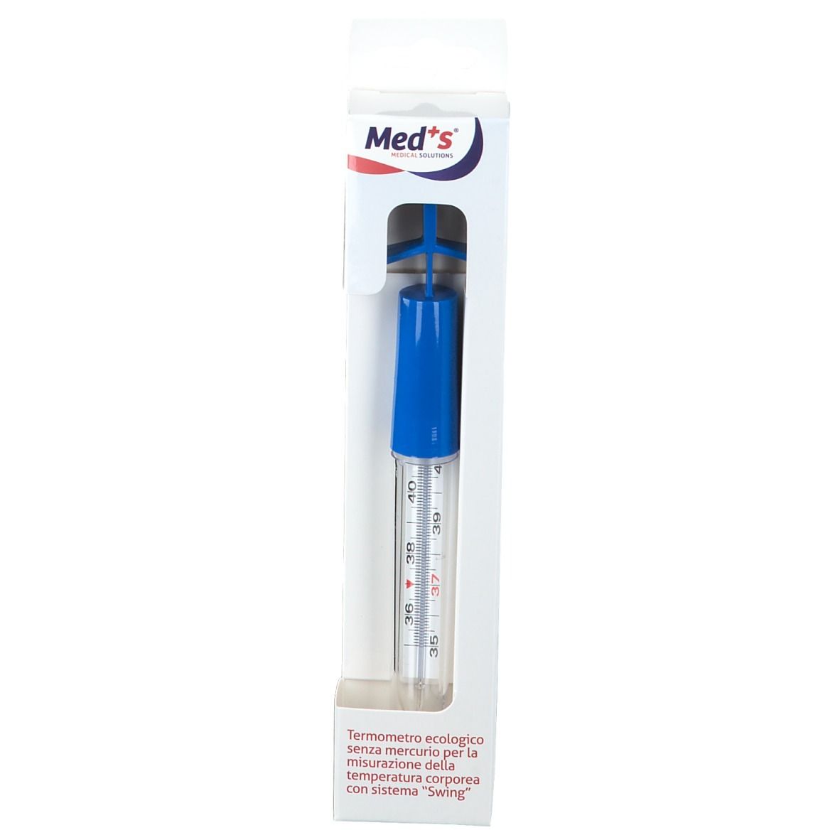 Med's Thermometer in Verpackung, blau-weißer Griff, Messbereich bis 40 Grad Celsius.
