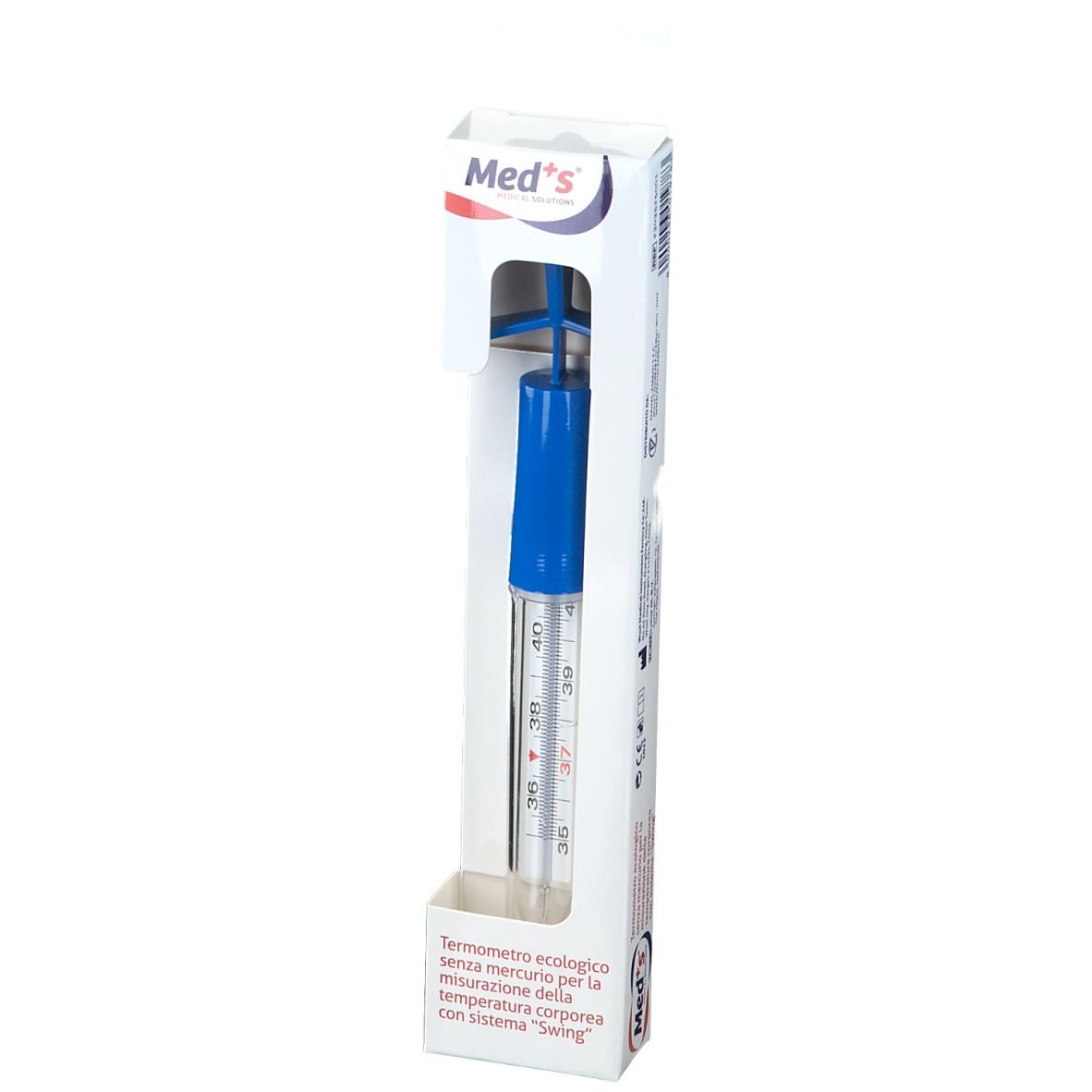 Med's Thermometer in Verpackung, blau-weißer Griff, Messbereich bis 40 Grad Celsius.