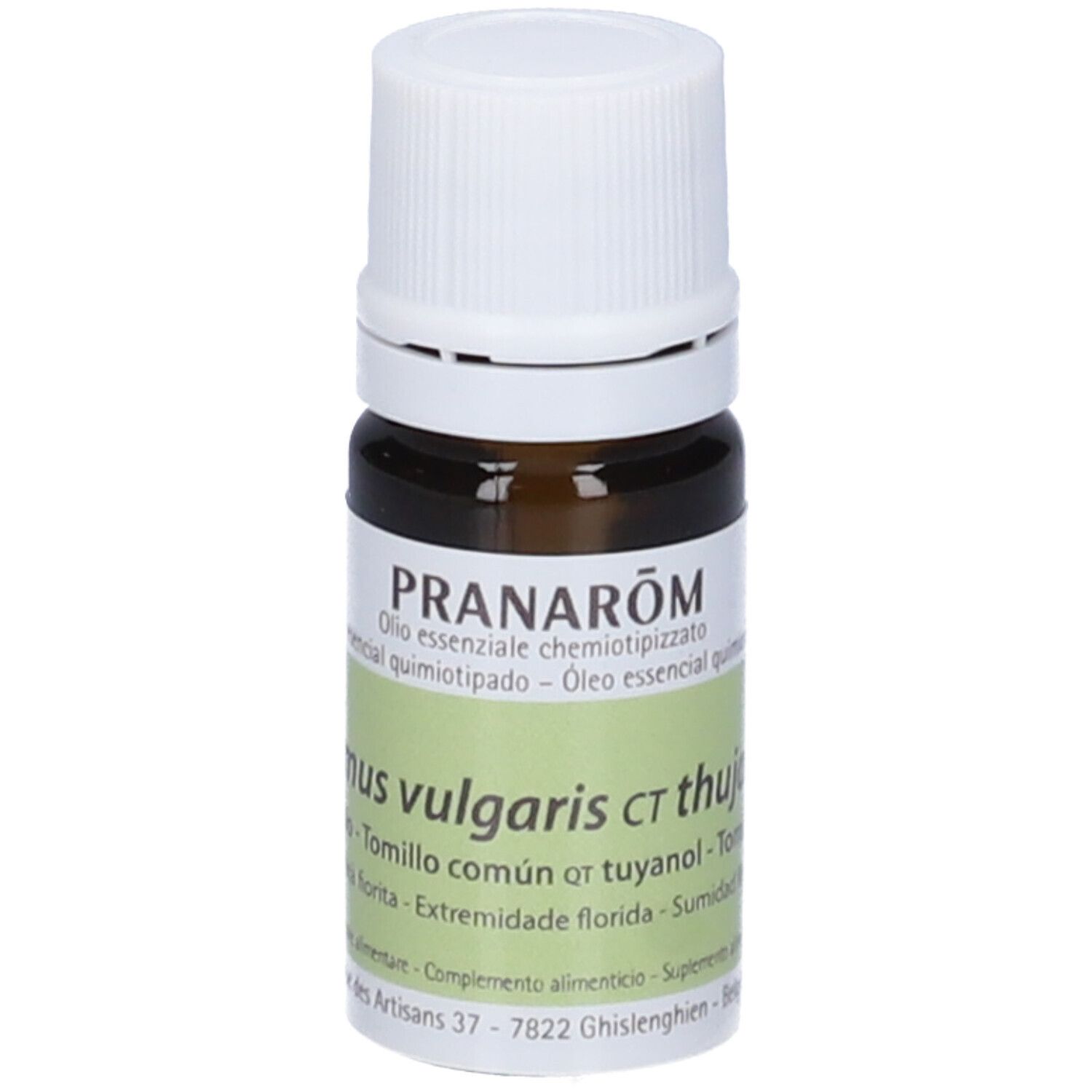 Flacone di vetro marrone con tappo bianco ed etichetta. Scritta: PRANAROM, Thymus vulgaris ct thujanol.
