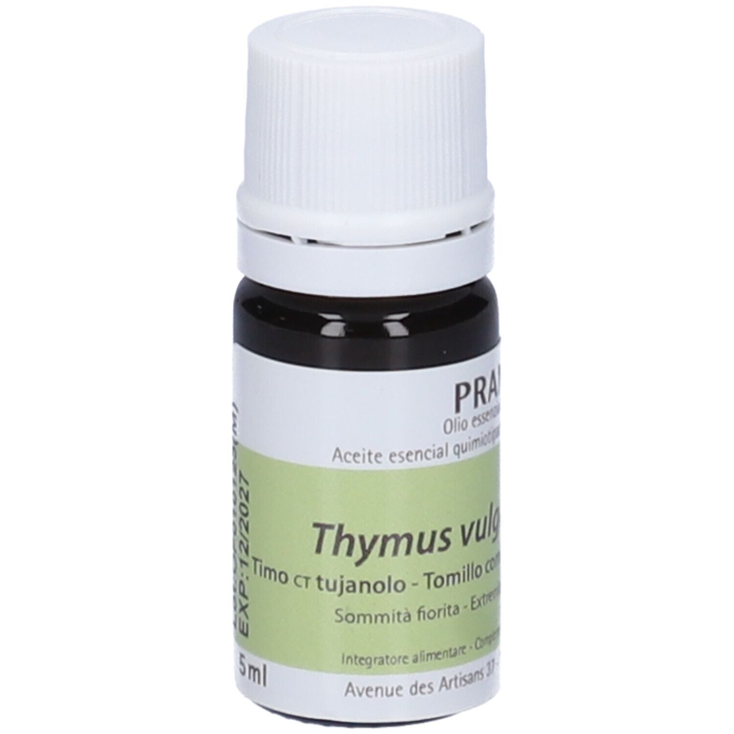 Flacone di vetro marrone con tappo bianco ed etichetta. Scritta: PRANAROM, Thymus vulgaris ct thujanol. EXP: 12/2027.
