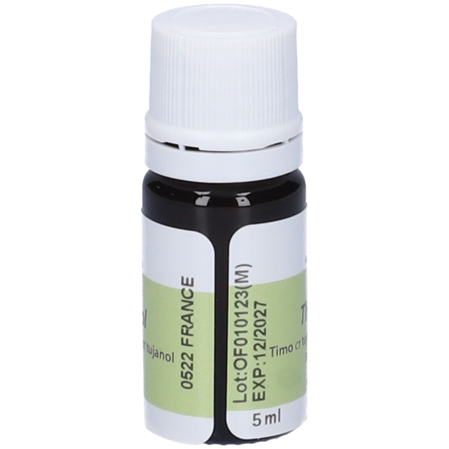 Flacone di vetro marrone con tappo bianco ed etichetta. Scritta: PRANAROM, Thymus vulgaris ct thujanol. EXP: 12/2027. 5 ml.