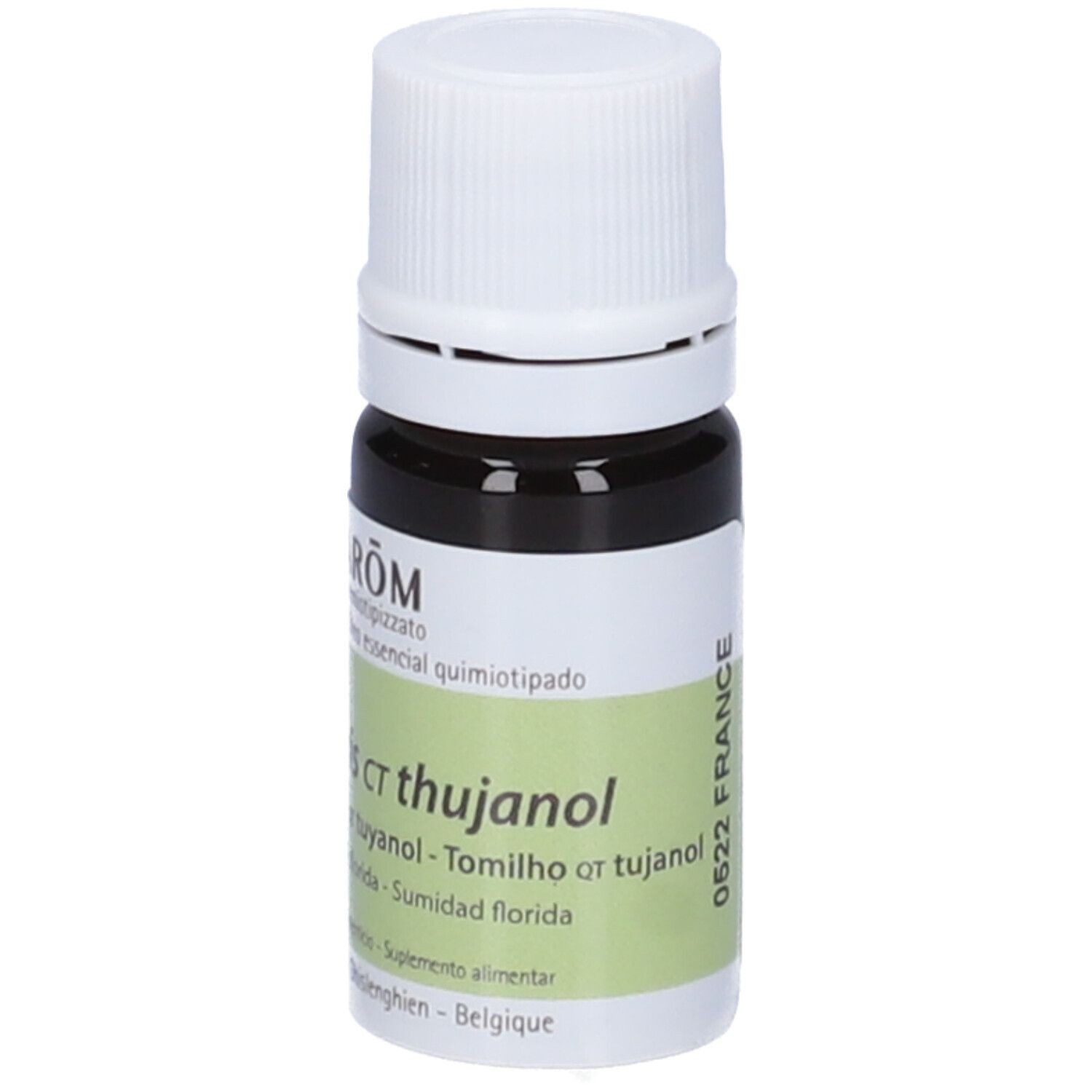 Flacone di vetro marrone con tappo bianco ed etichetta. Scritta: PRANAROM, Thymus vulgaris ct thujanol. EXP: 12/2027. 5 ml.