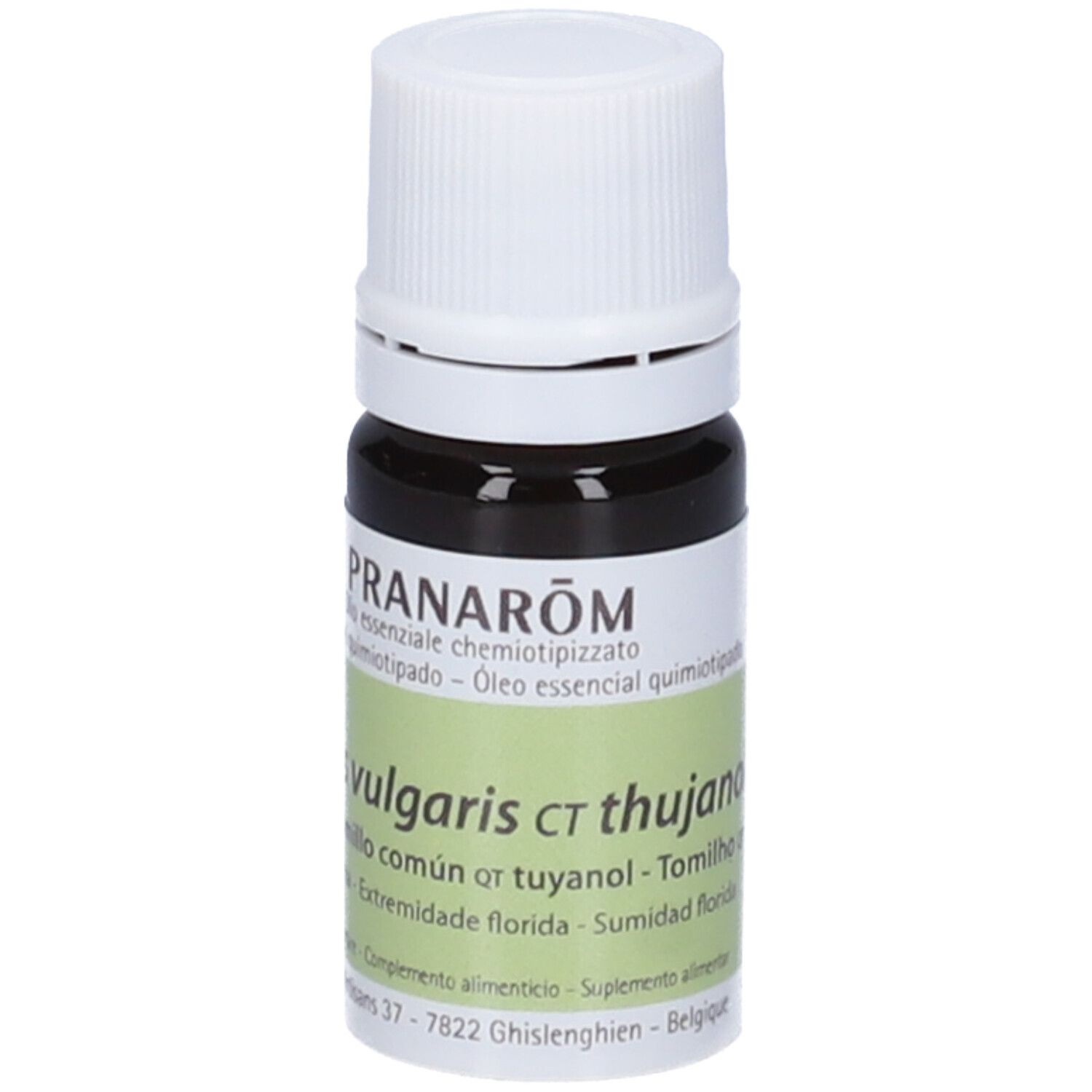Flacone di vetro marrone con tappo bianco ed etichetta. Scritta: PRANAROM, Thymus vulgaris ct thujanol. 5 ml.