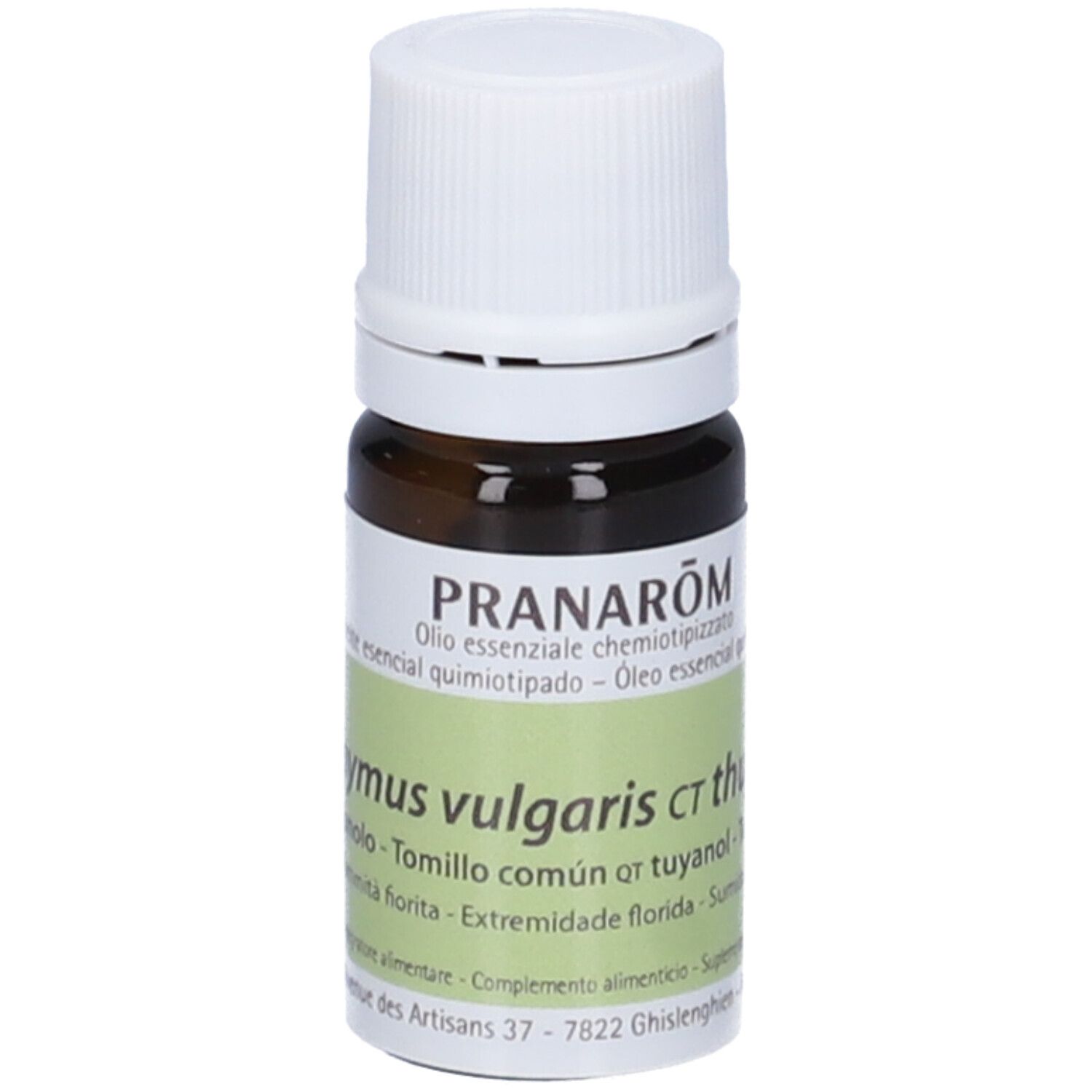 Flacone di vetro marrone con tappo bianco ed etichetta. Scritta: PRANAROM, Thymus vulgaris ct thujanol. 5 ml.