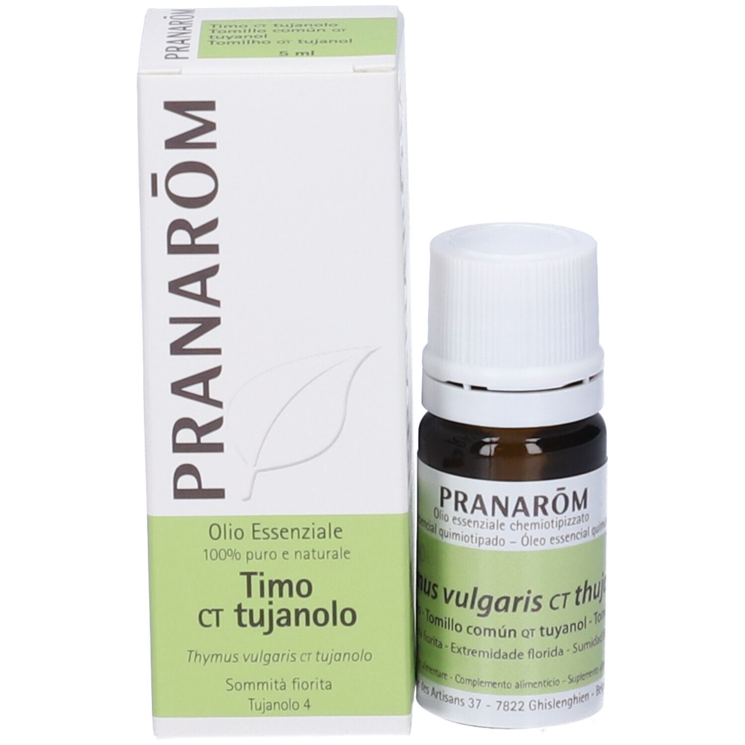 Flacone di vetro marrone con tappo bianco ed etichetta. Scritta: PRANAROM, Thymus vulgaris ct thujanol. 5 ml.