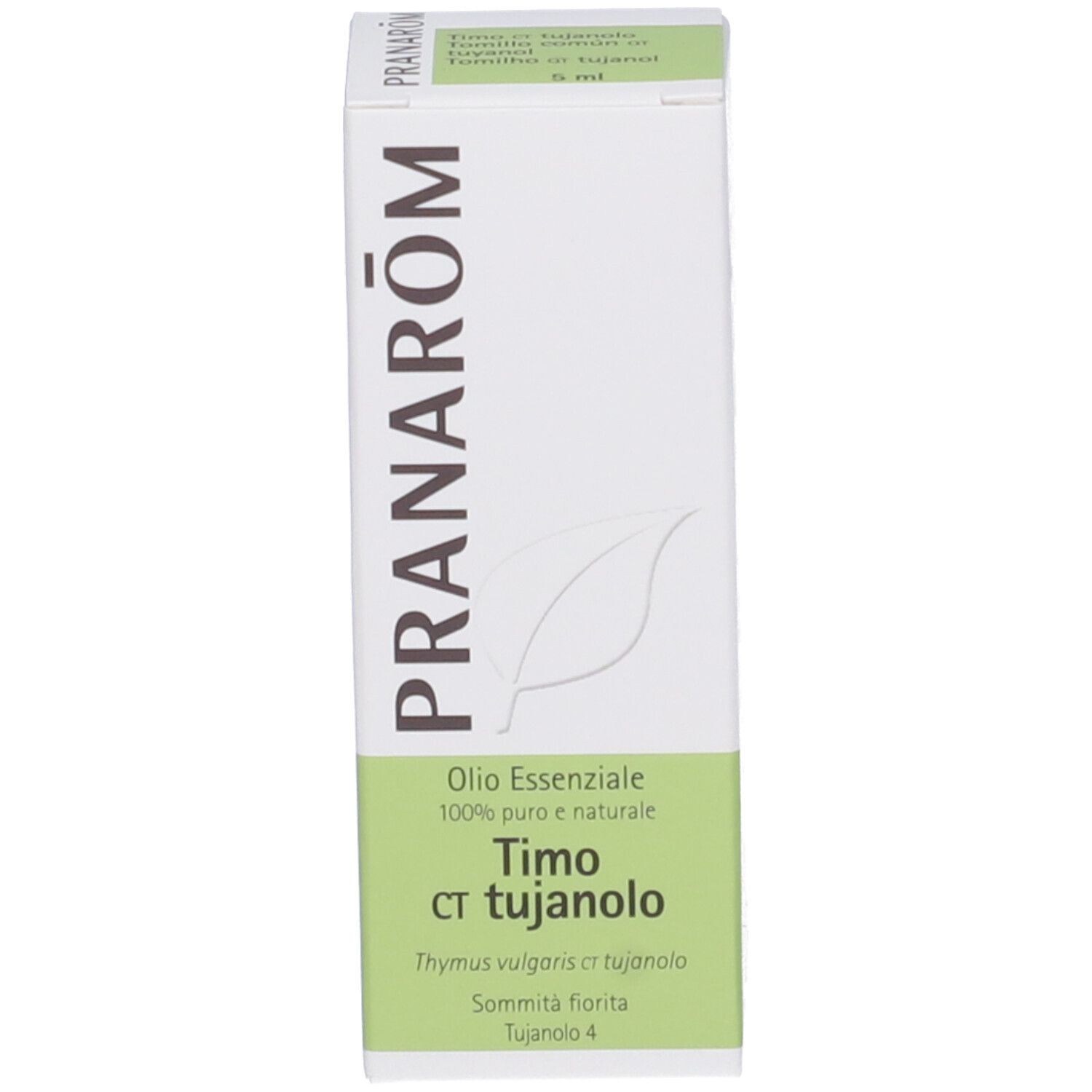 Scatola bianca con etichetta verde. Scritta: PRANAROM, Timo ct tujanolo. Flacone non visibile.