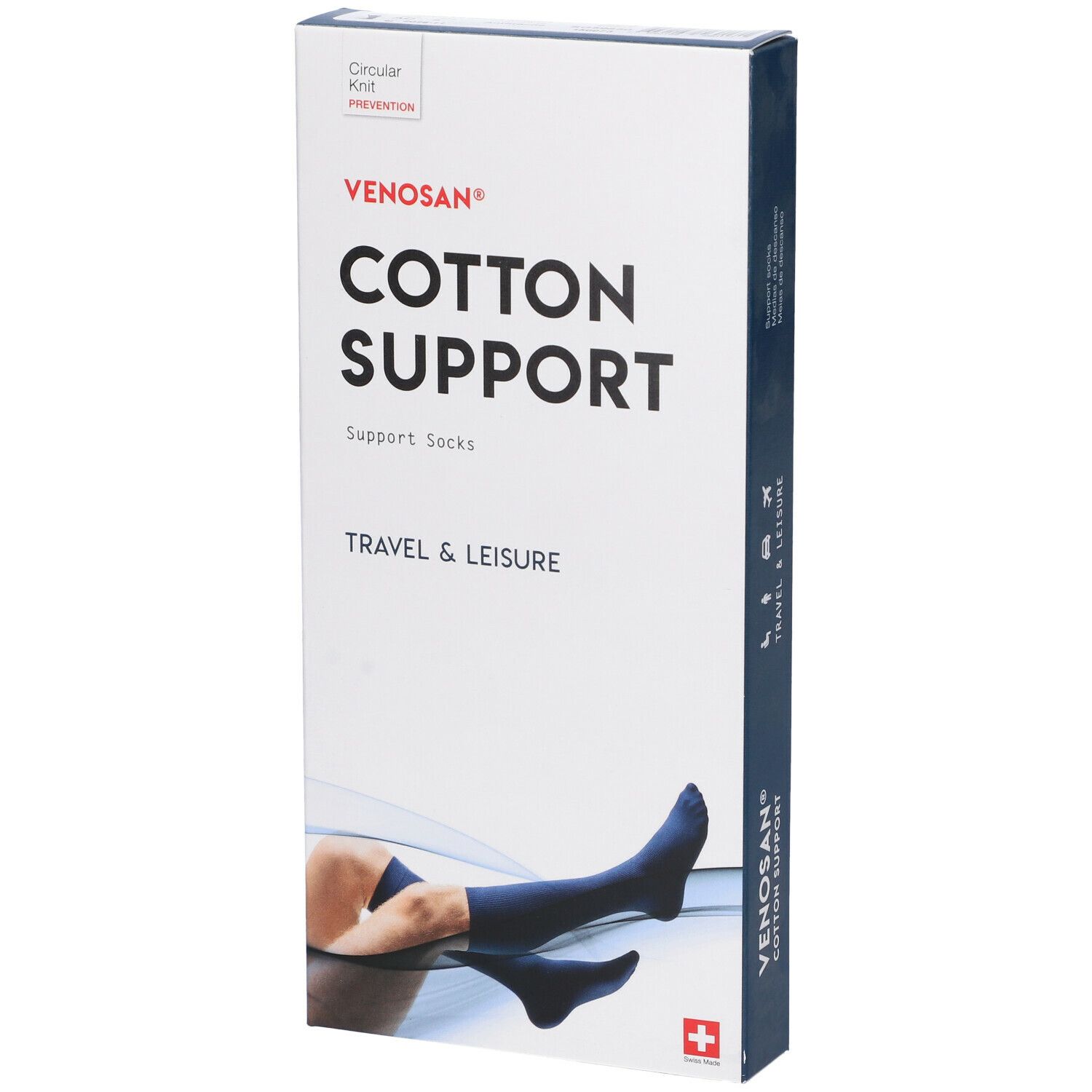 Scatola Venosan Cotton Support. Scritto: Cotton Support, Travel & Leisure. Immagine: gamba con calza.