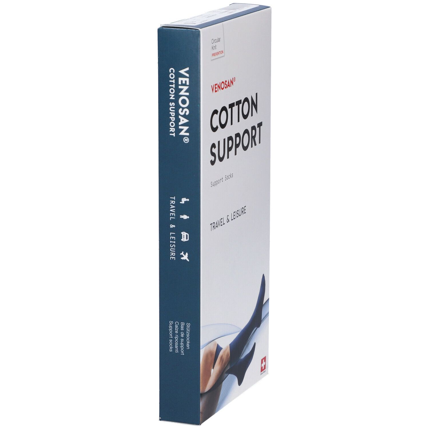 Scatola Venosan Cotton Support. Scritto: Cotton Support, Travel & Leisure. Vista laterale.