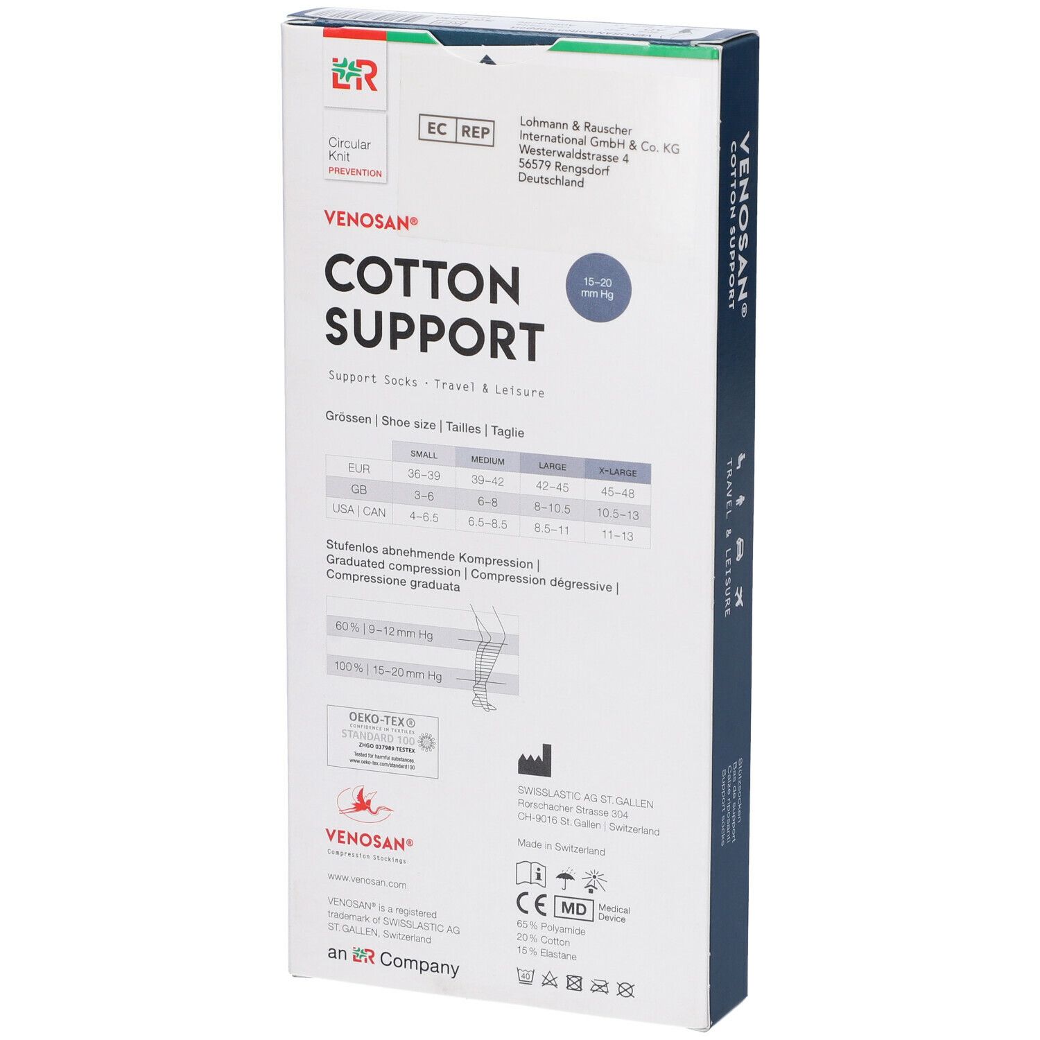 Scatola Venosan Cotton Support. Retro con taglie e certificazioni. Taglie: S, M, L.