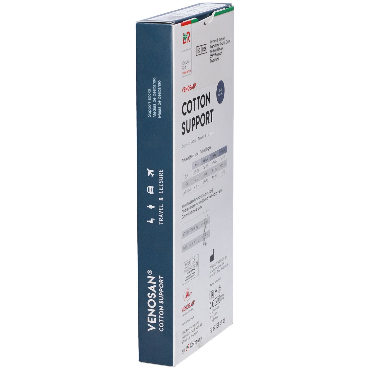 Scatola Venosan Cotton Support. Vista laterale con taglie e certificazioni.