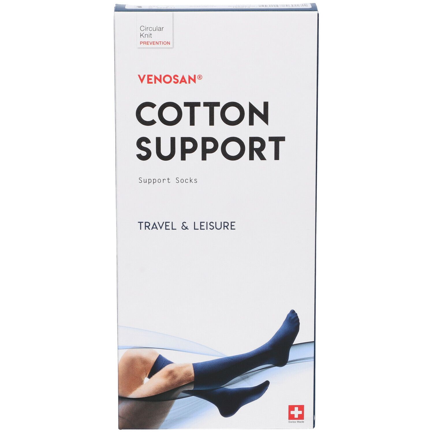 Scatola Venosan Cotton Support. Scritto: Cotton Support, Travel & Leisure. Immagine: gamba con calza.
