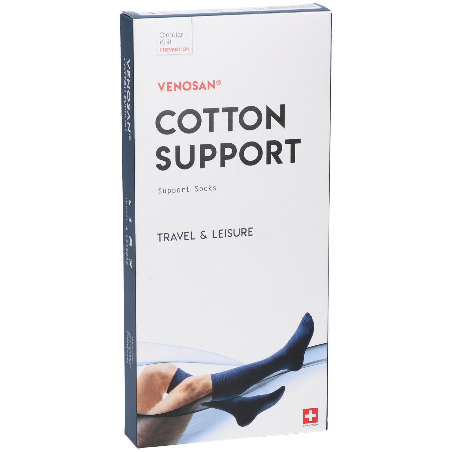 Scatola Venosan Cotton Support. Scritto: Cotton Support, Travel & Leisure. Immagine: gamba con calza.