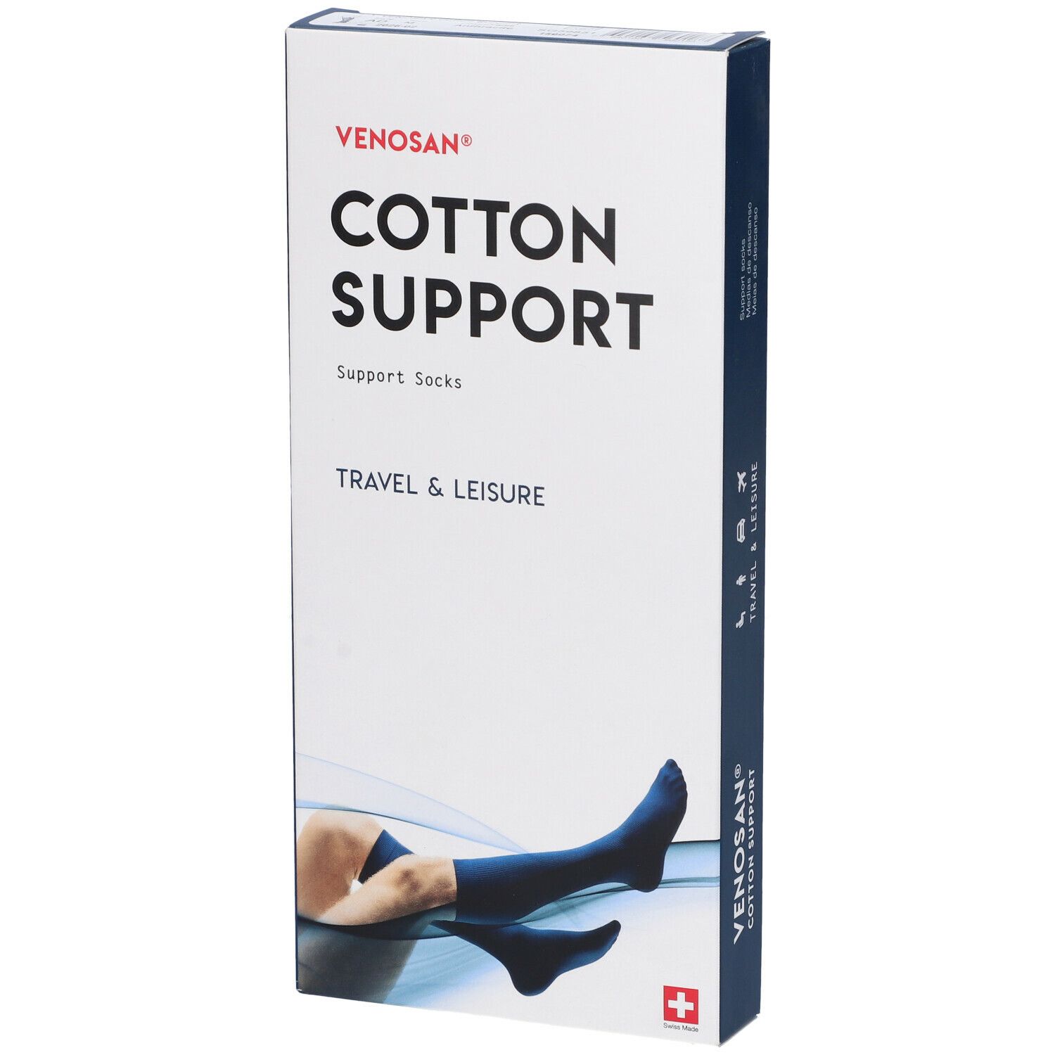 Scatola Venosan Cotton Support. Scritto: Cotton Support, Support Socks, Travel & Leisure. Immagine: gamba con calza.