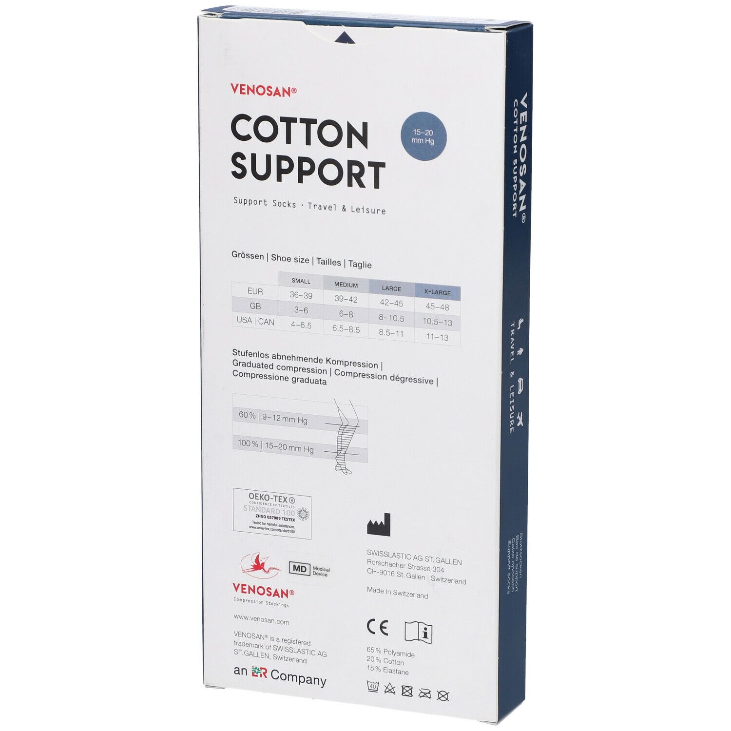 Scatola Venosan Cotton Support. Retro con taglie e valori di compressione. Testo: Cotton Support, Travel & Leisure.