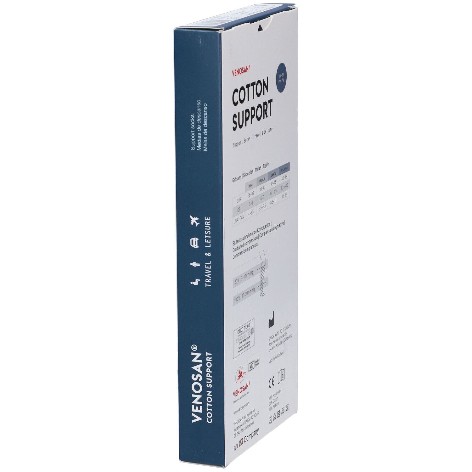 Scatola Venosan Cotton Support. Vista laterale con testo: Cotton Support, Travel & Leisure. Immagine: gamba con calza.