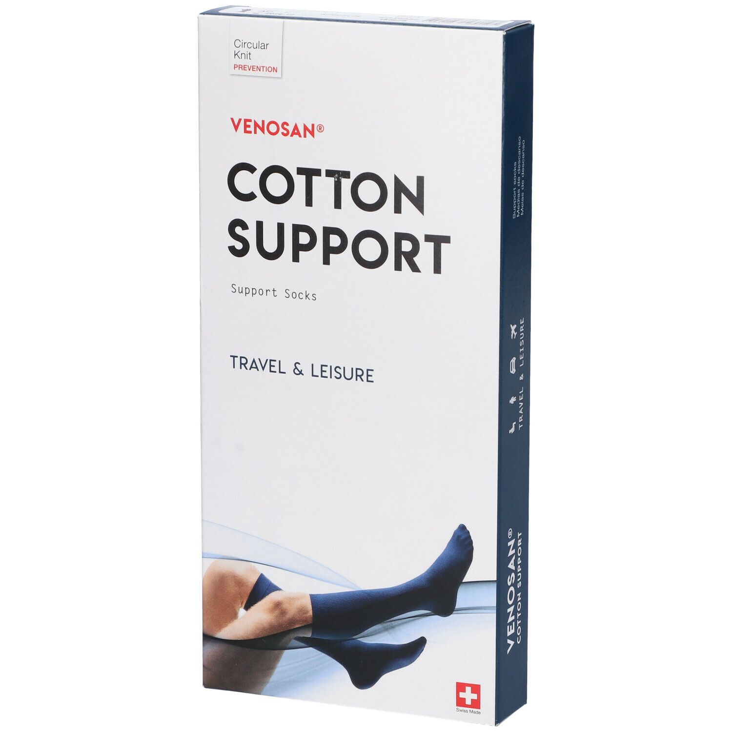 Scatola Venosan Cotton Support. Calze di supporto nere. Immagine di una gamba sulla confezione. Croce svizzera.