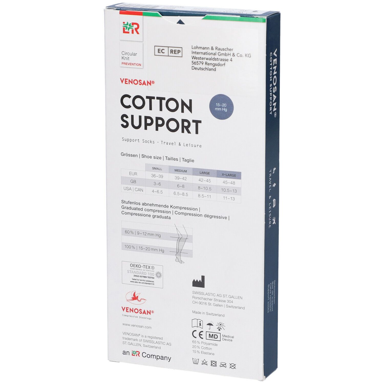 Scatola Venosan Cotton Support. Retro con taglie, compressione e certificazioni. Croce svizzera.