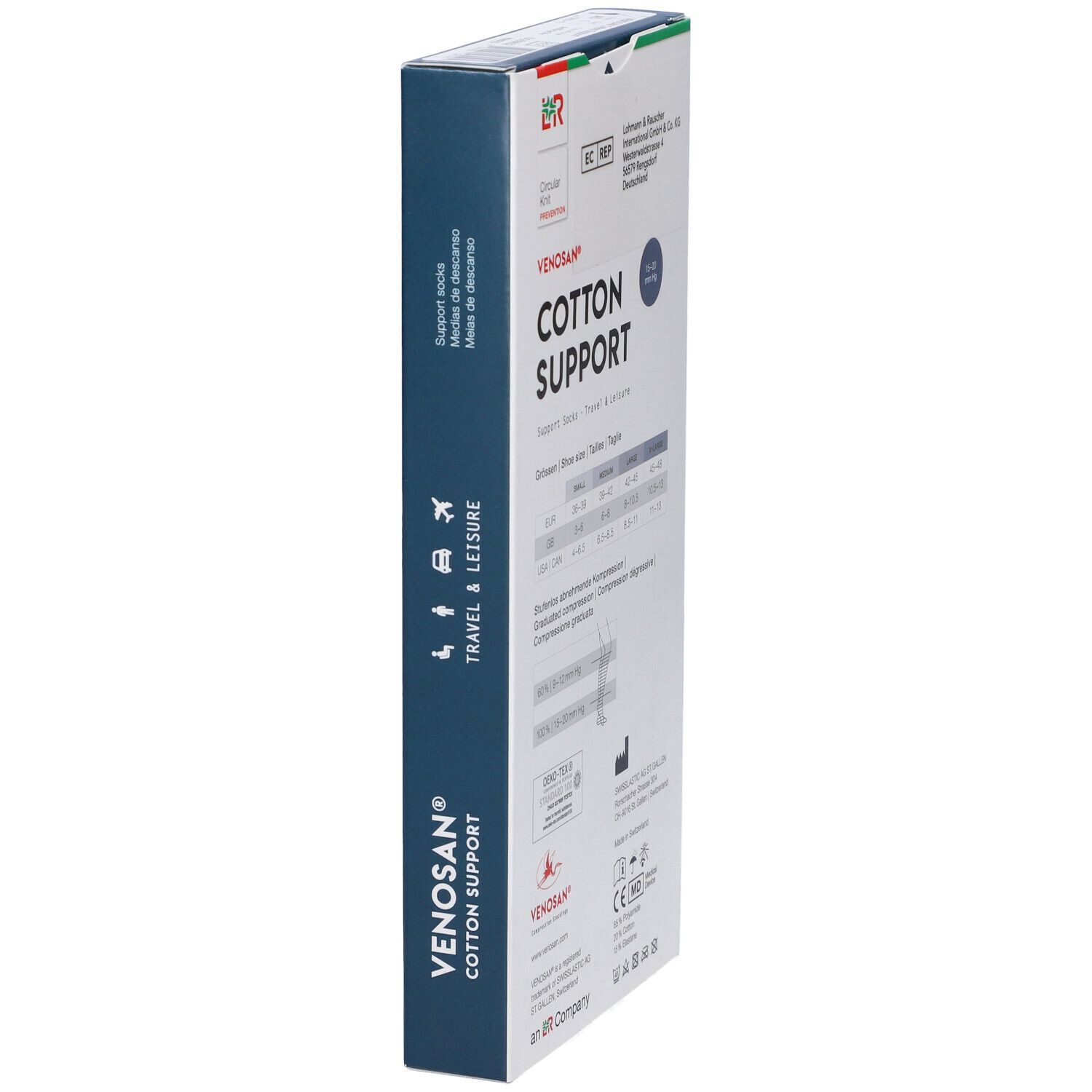 Scatola Venosan Cotton Support. Vista laterale con informazioni sul prodotto e logo. Croce svizzera.