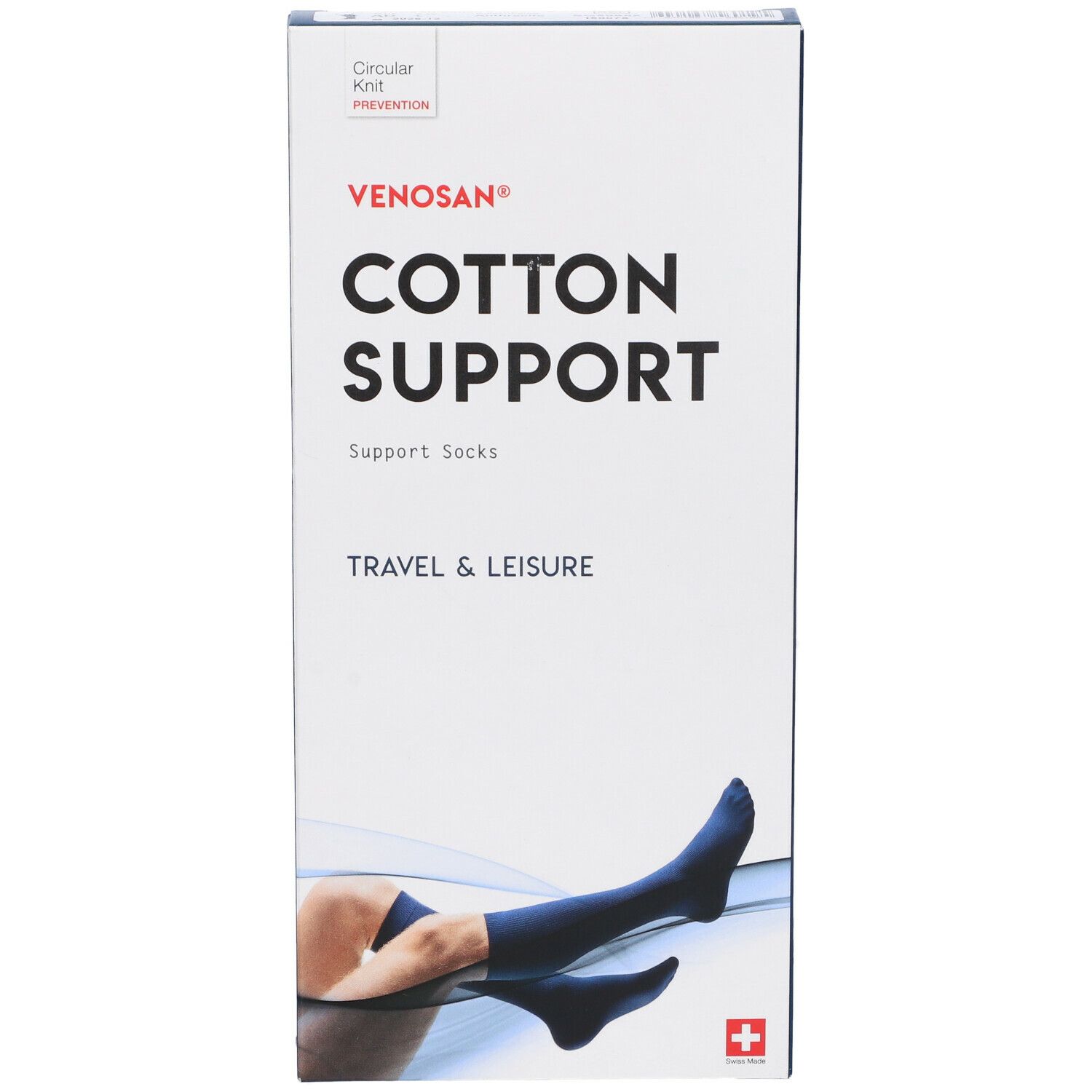 Scatola Venosan Cotton Support. Calze di supporto nere. Immagine di una gamba sulla confezione. Croce svizzera.