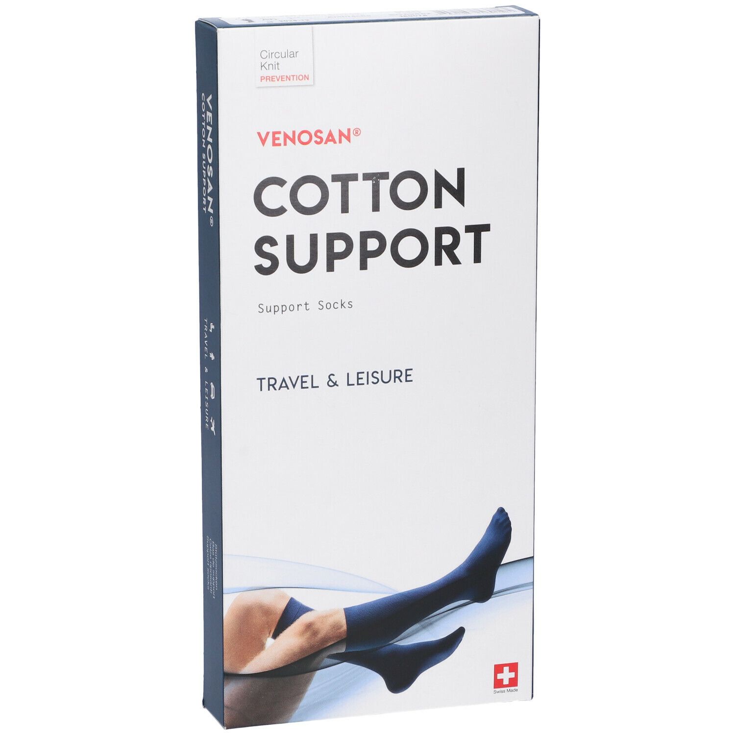 Scatola Venosan Cotton Support. Calze di supporto nere. Immagine di una gamba sulla confezione. Croce svizzera.