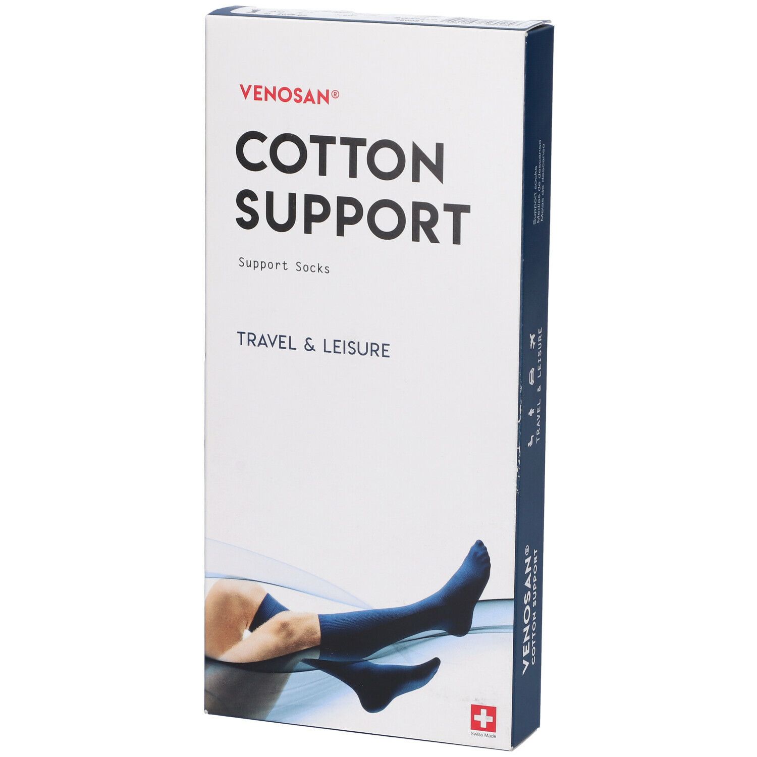 Confezione calze Venosan Cotton Support. Testo: Cotton Support, Travel & Leisure. Mostra: calze blu sulla gamba di una persona.