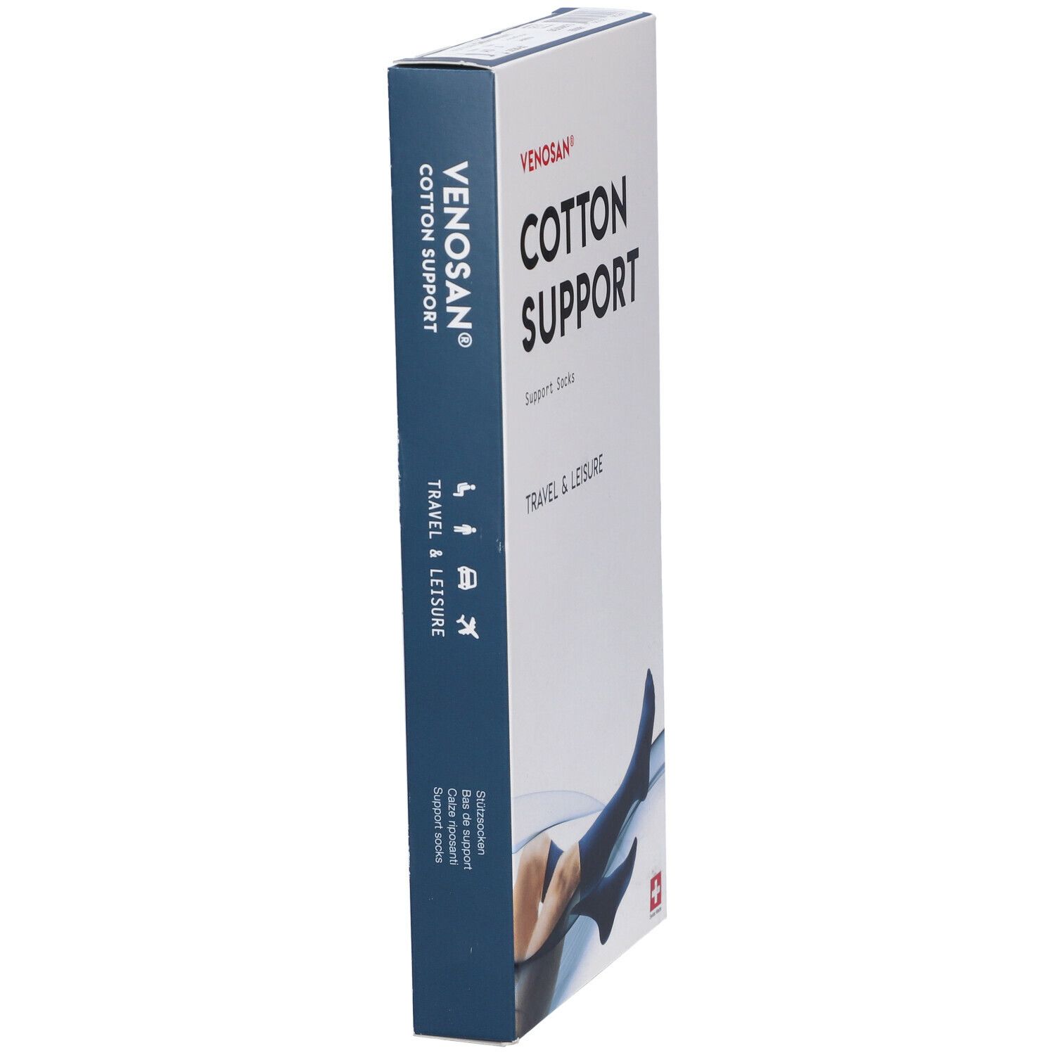 Confezione calze Venosan Cotton Support. Testo: Cotton Support, Travel & Leisure. Vista laterale. Croce svizzera.