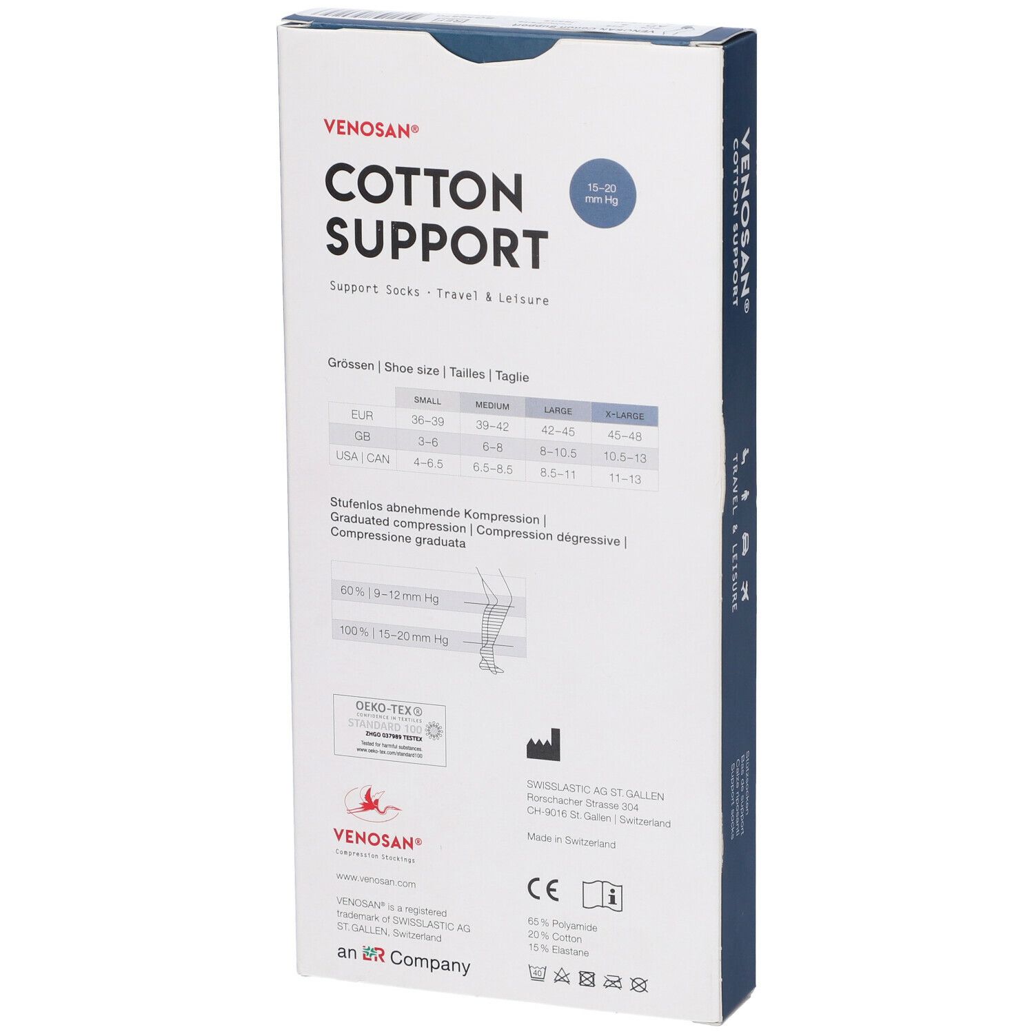 Confezione calze Venosan Cotton Support. Retro con tabella taglie, informazioni sulla compressione e certificazioni.
