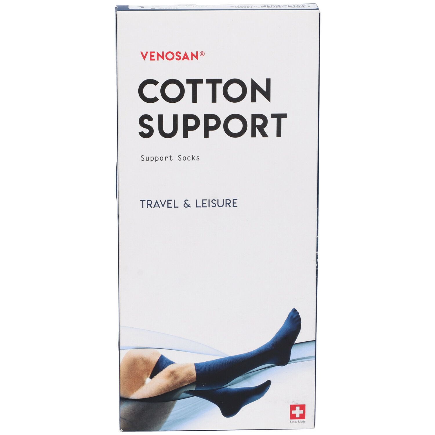 Confezione calze Venosan Cotton Support. Testo: Cotton Support, Travel & Leisure. Mostra: calze blu sulla gamba di una persona.