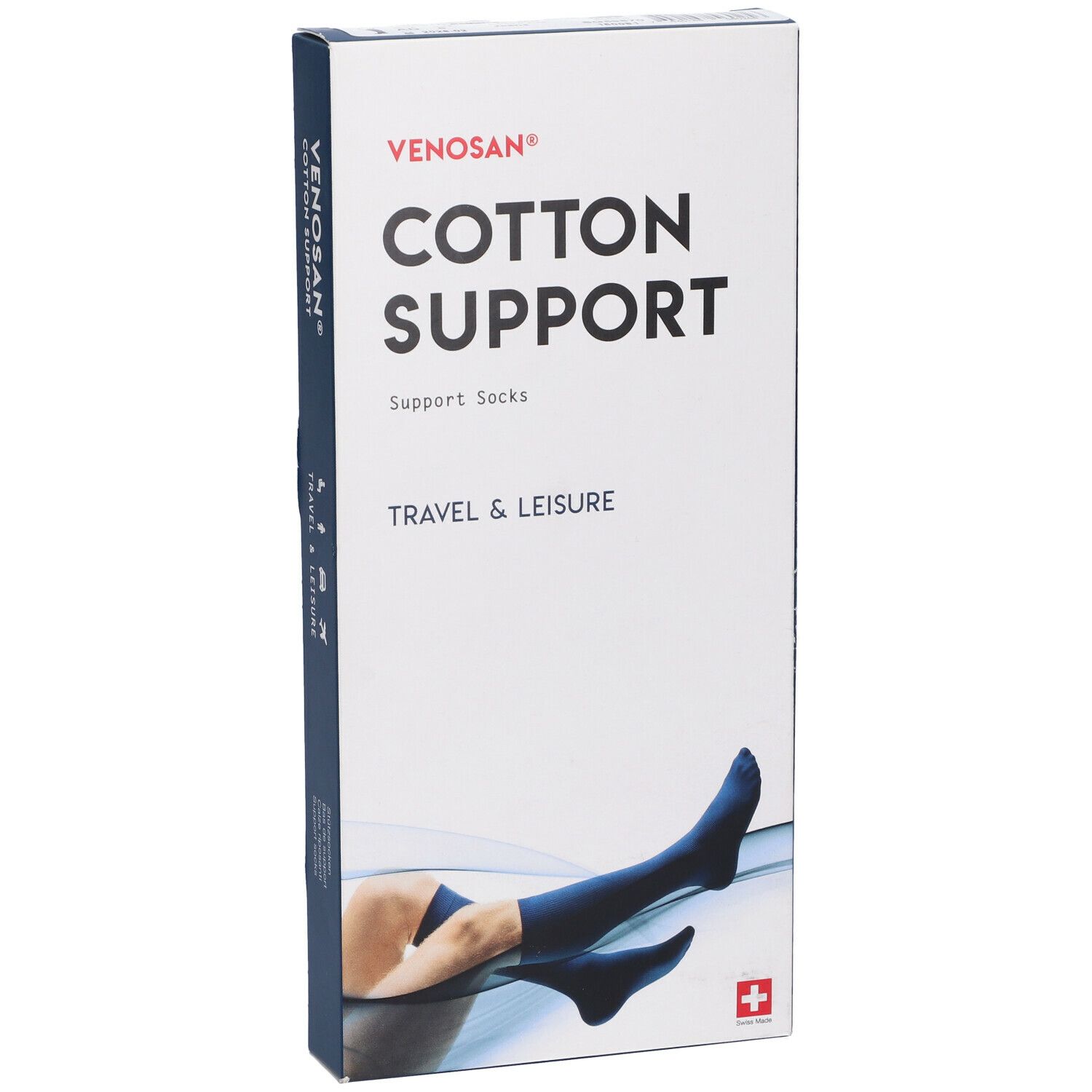 Confezione calze Venosan Cotton Support. Testo: Cotton Support, Travel & Leisure. Mostra: calze blu sulla gamba di una persona.