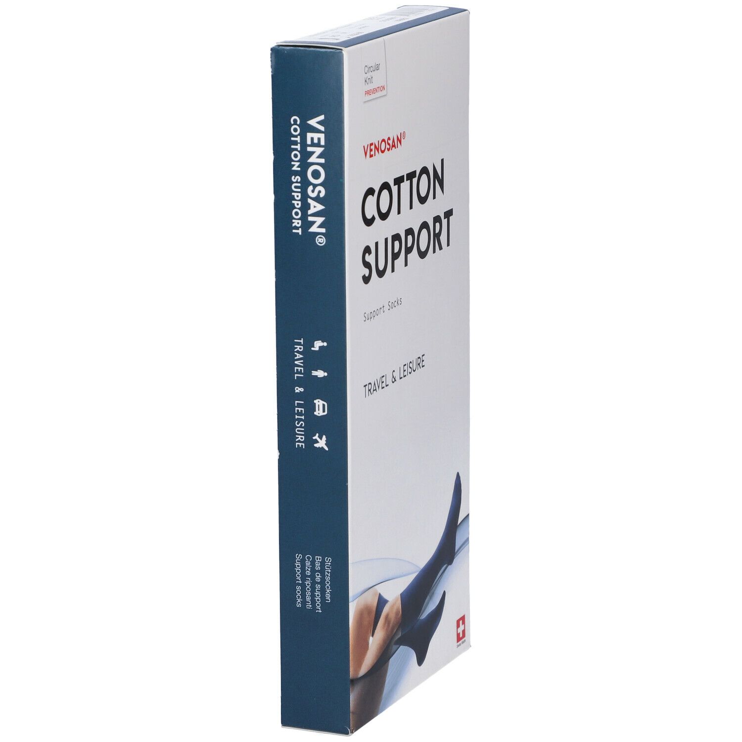 Confezione calze di supporto Venosan Cotton Support. Scritta: Cotton Support, Travel & Leisure. Calze blu sulla gamba. Croce svizzera.
