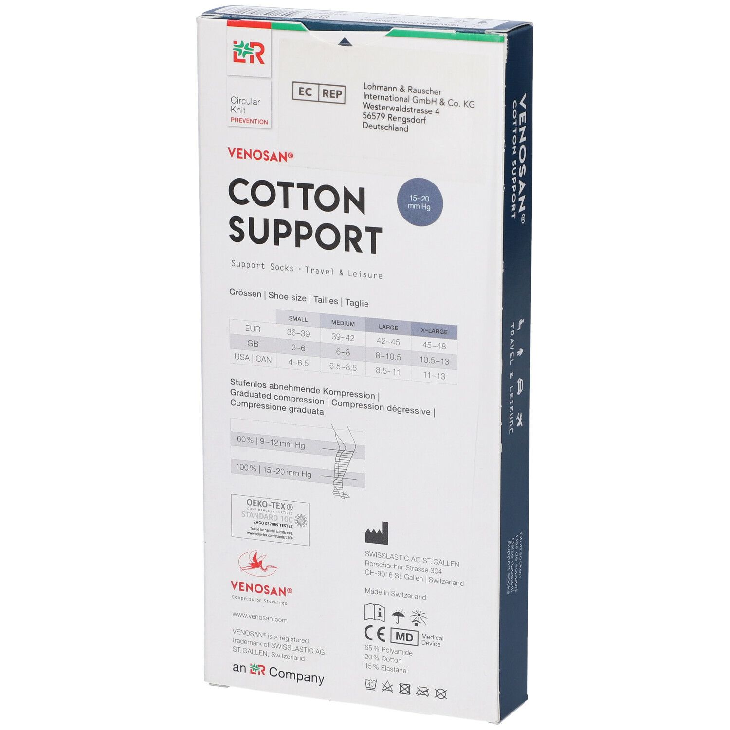 Confezione calze di supporto Venosan Cotton Support. Scritta: Cotton Support, Travel & Leisure. Informazioni sul prodotto, taglie, certificazioni.