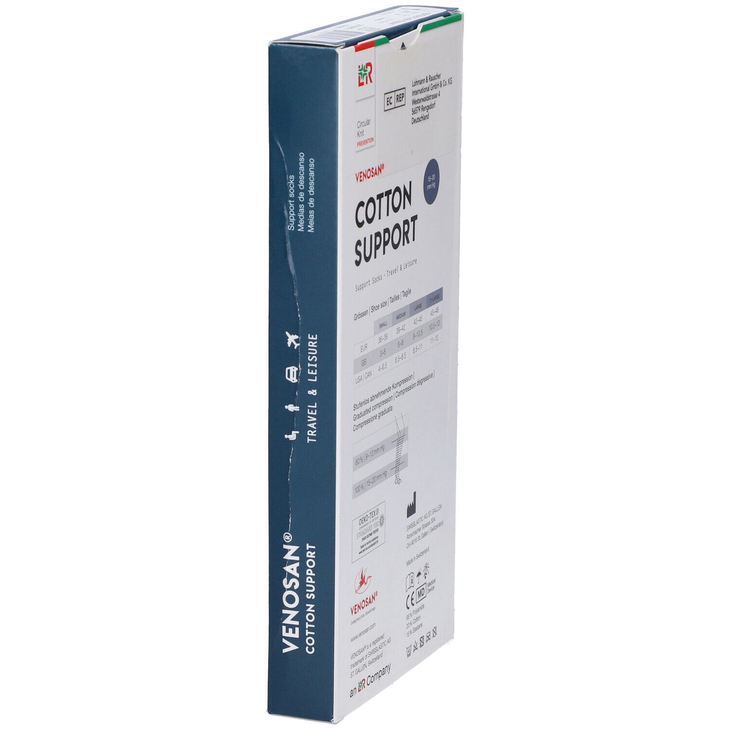 Confezione calze di supporto Venosan Cotton Support. Scritta: Cotton Support, Travel & Leisure. Informazioni sul prodotto, taglie, certificazioni.