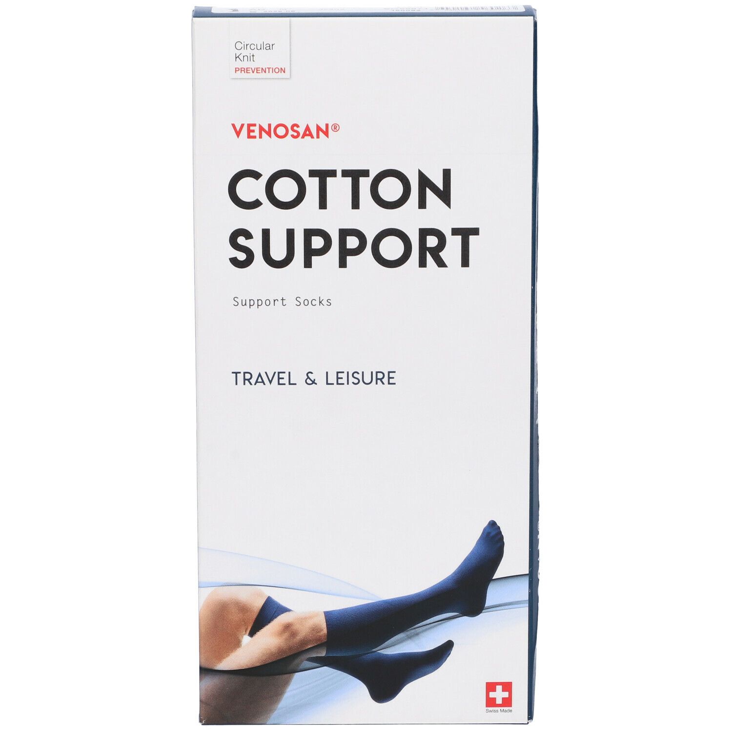 Confezione calze di supporto Venosan Cotton Support. Scritta: Cotton Support, Travel & Leisure. Calze blu sulla gamba. Croce svizzera.
