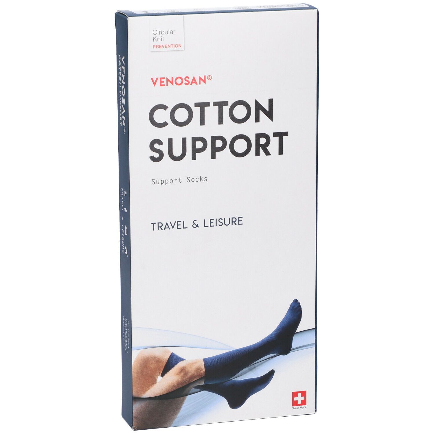 Confezione calze di supporto Venosan Cotton Support. Scritta: Cotton Support, Travel & Leisure. Calze blu sulla gamba. Croce svizzera.
