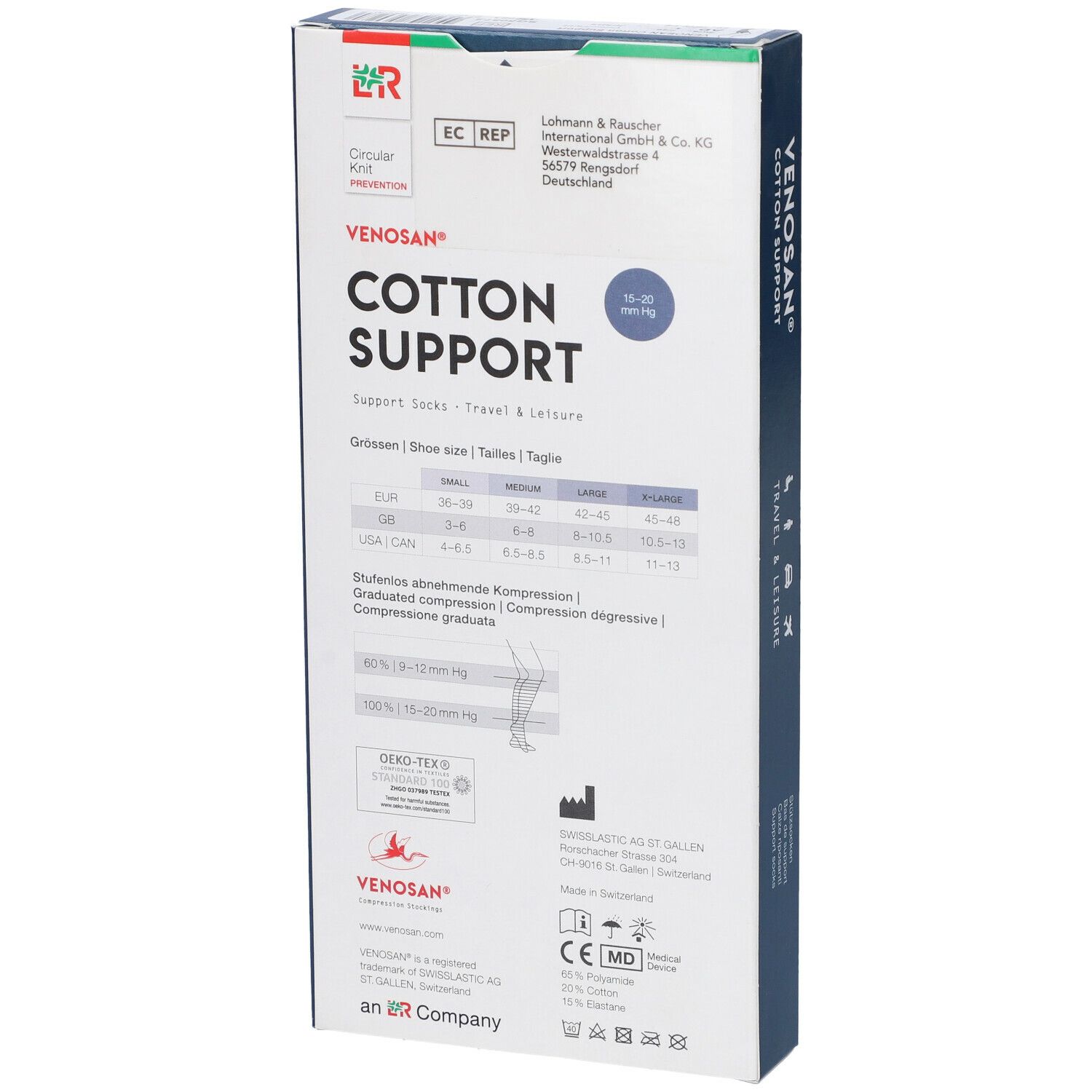 Scatola Venosan Cotton Support. Retro con taglie, compressione, certificazioni. Croce svizzera.