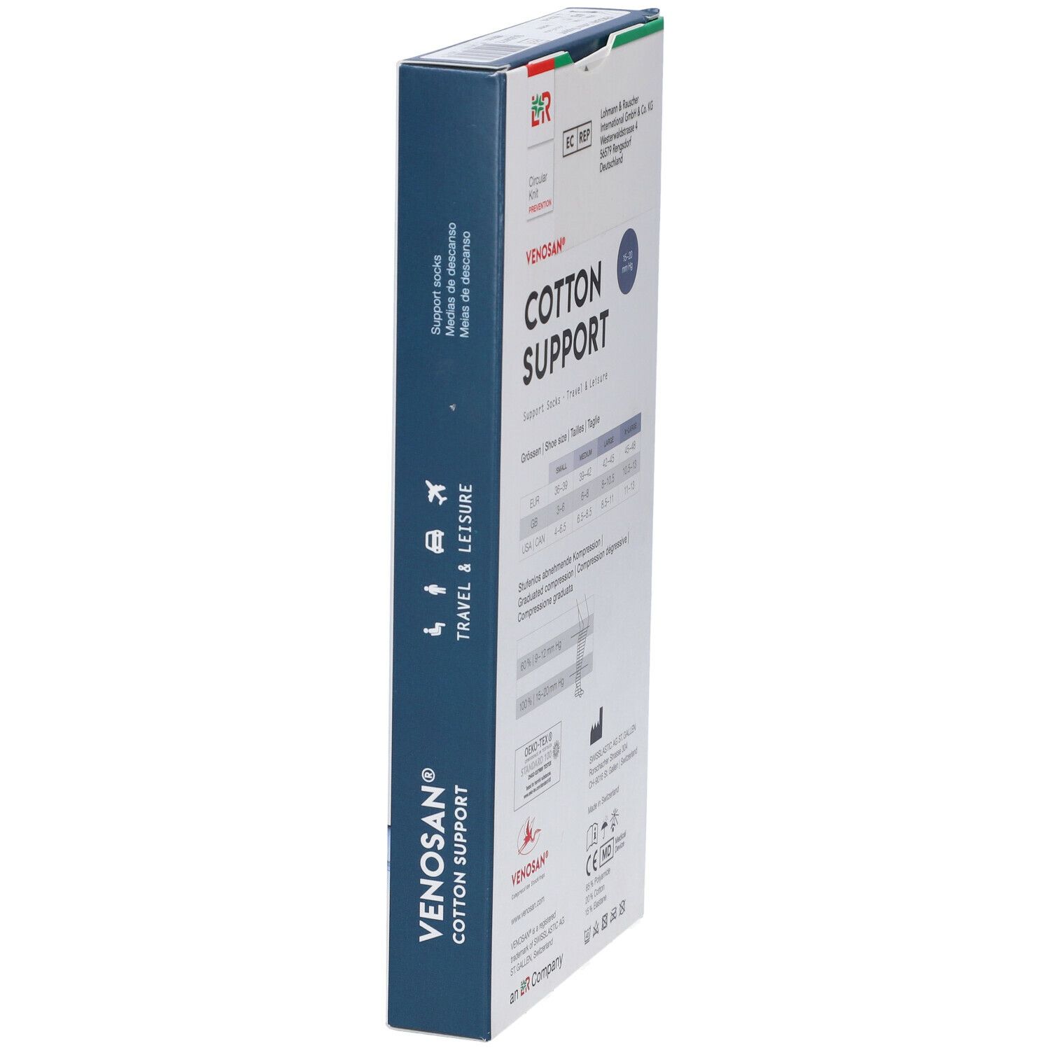 Scatola Venosan Cotton Support. Vista laterale. Scritto: Cotton Support, calze di supporto. Croce svizzera.