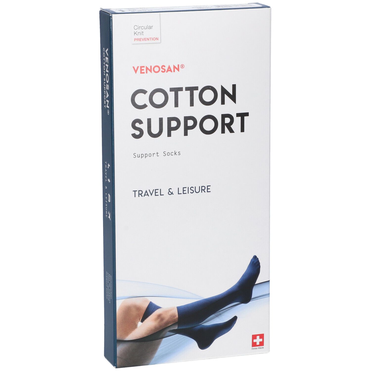 Scatola Venosan Cotton Support. Scritto: Cotton Support, calze di supporto. Immagine: gambe con calze. Croce svizzera.