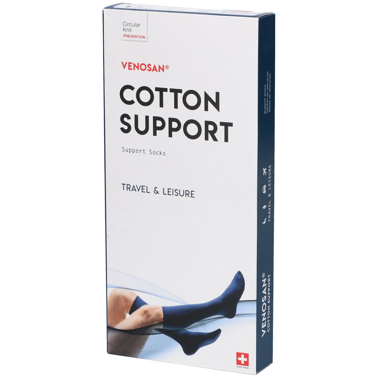 Scatola Venosan Cotton Support. Calze di supporto blu. Scritto: Travel & Leisure. Croce svizzera.