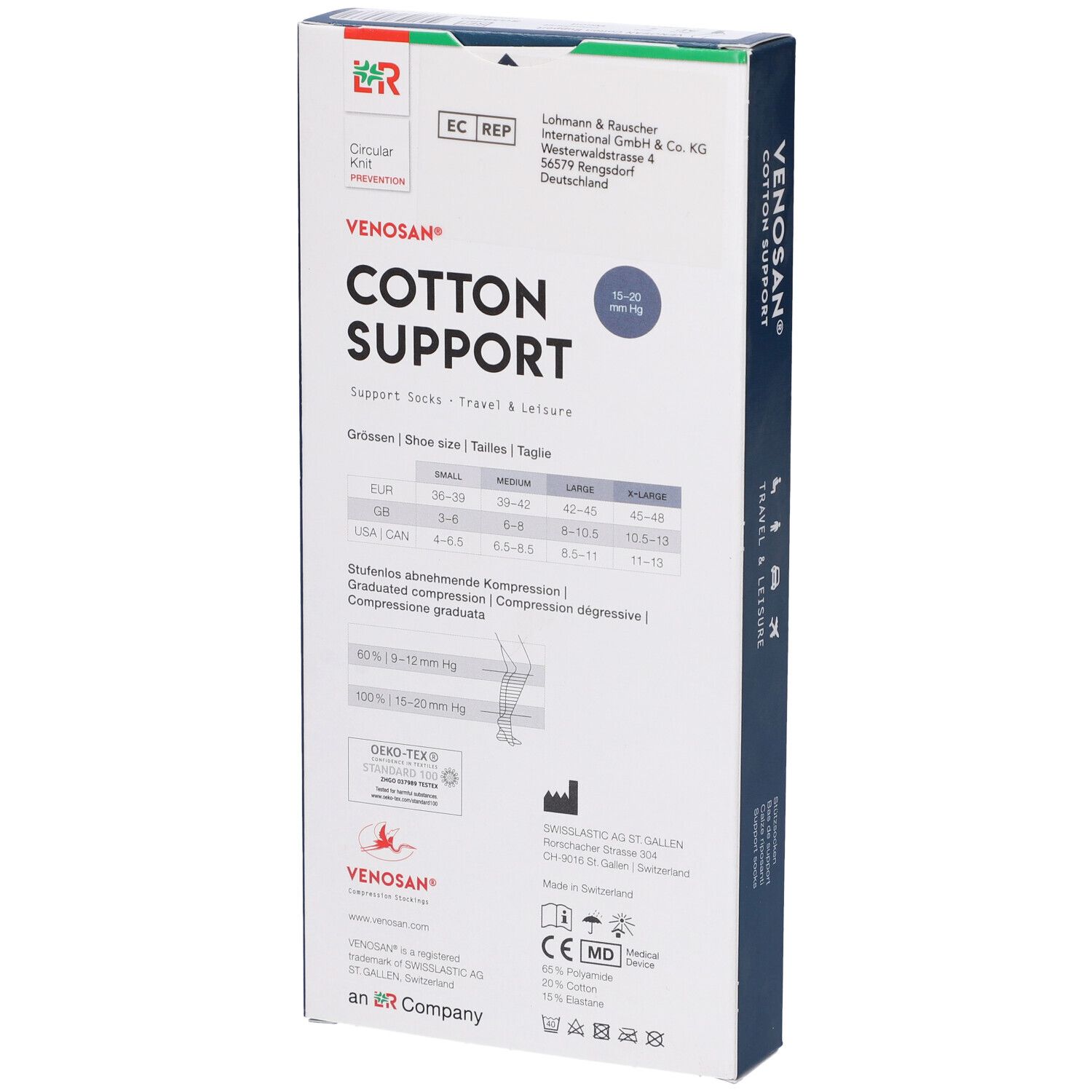 Scatola Venosan Cotton Support. Taglie e classe di compressione. Scritto: Travel & Leisure. Croce svizzera.