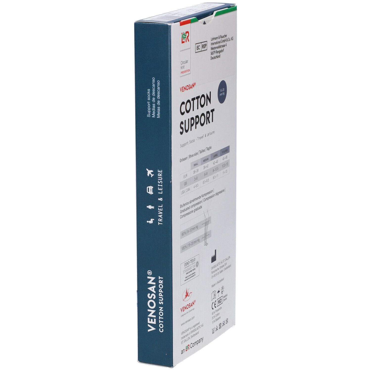 Scatola Venosan Cotton Support. Taglie e classe di compressione. Scritto: Travel & Leisure. Croce svizzera.