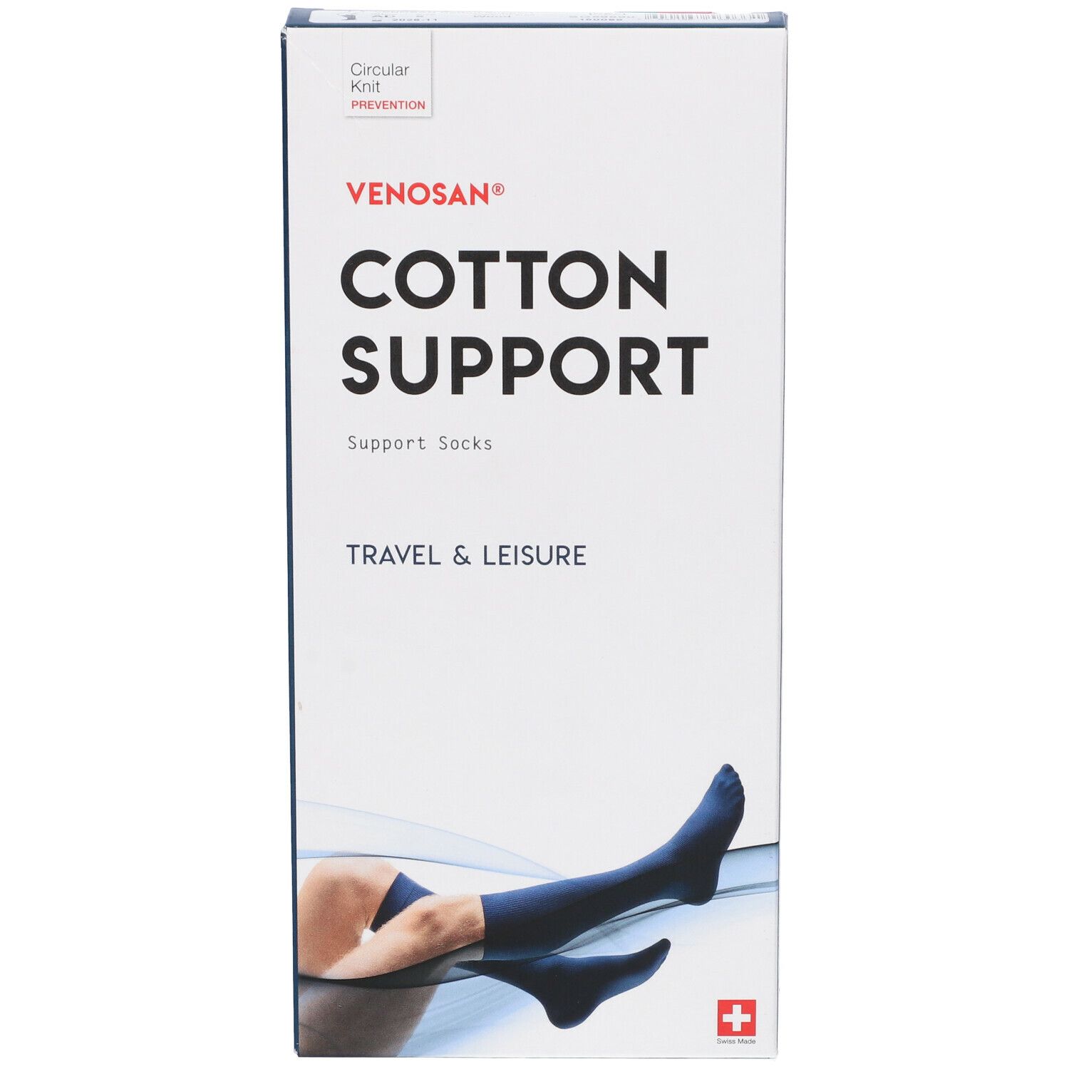 Scatola Venosan Cotton Support. Calze di supporto blu. Scritto: Travel & Leisure. Croce svizzera.