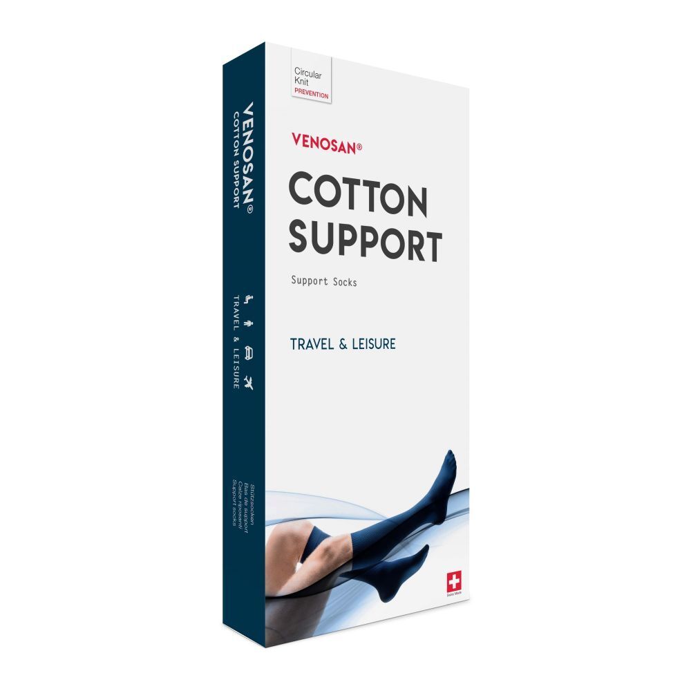 Scatola Venosan Cotton Support. Scritto: Cotton Support, Travel & Leisure. Immagine: gamba con calza. Croce svizzera.
