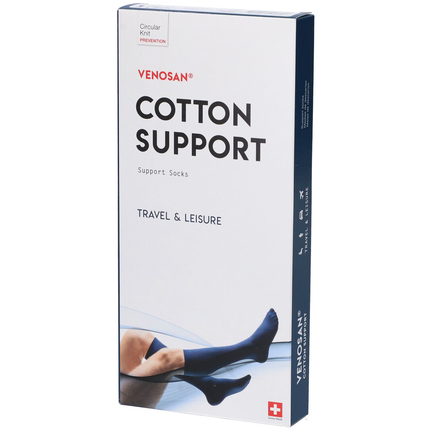 Scatola Venosan Cotton Support. Scritto: Cotton Support, Travel & Leisure. Immagine: gamba con calza. Croce svizzera.