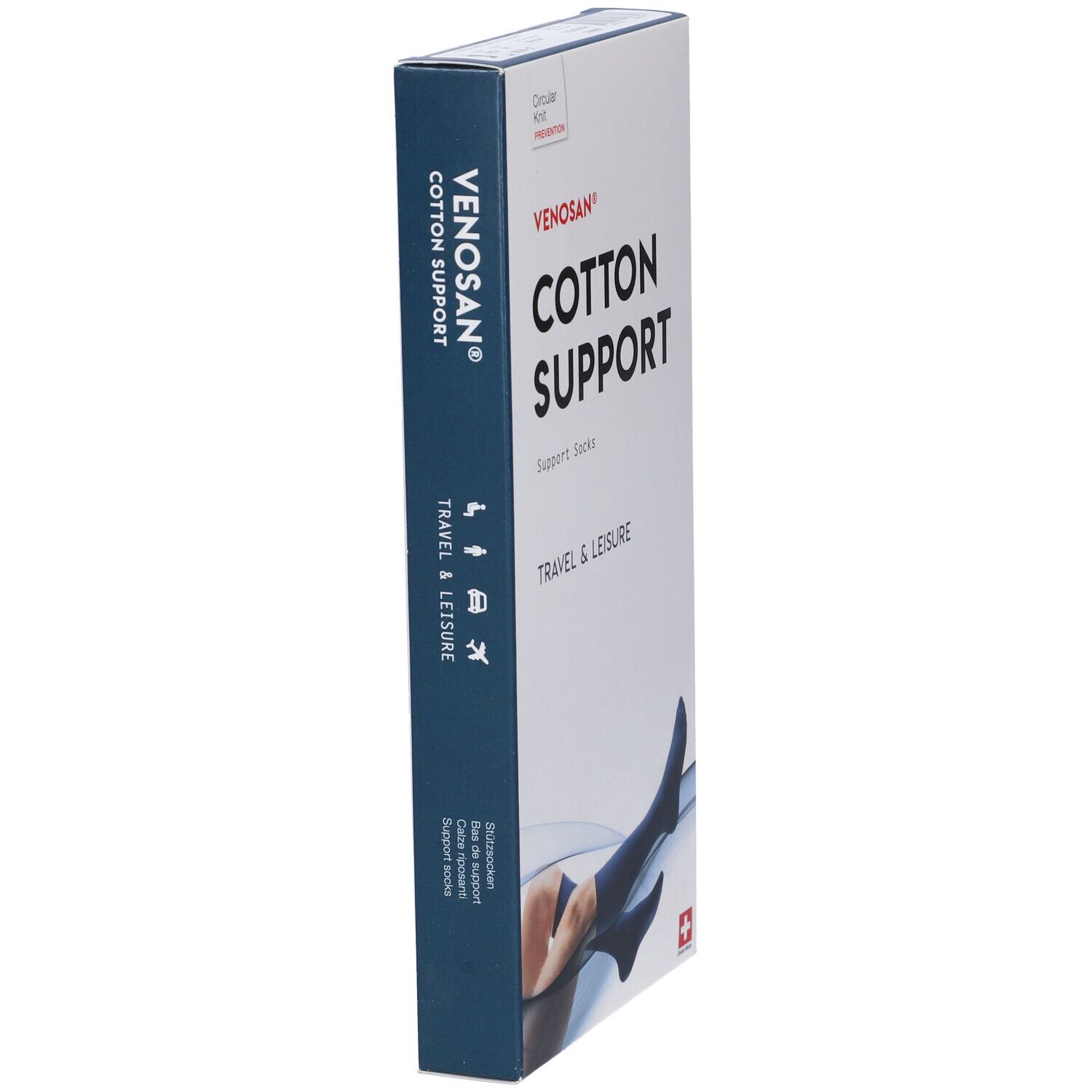 Scatola Venosan Cotton Support. Scritto: Cotton Support, Travel & Leisure. Immagine: gamba con calza. Croce svizzera.