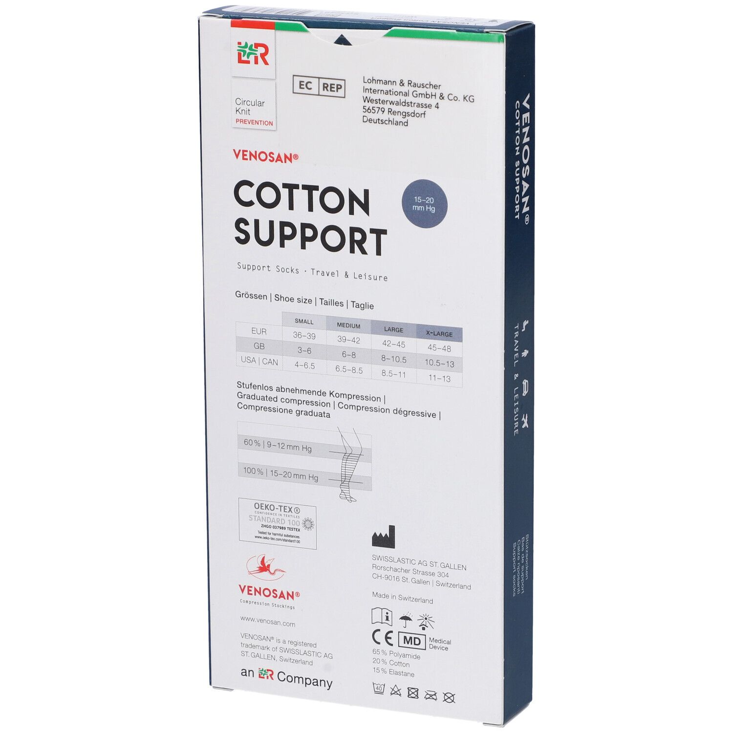 Scatola Venosan Cotton Support. Retro con informazioni taglie, compressione e produttore. Croce svizzera.