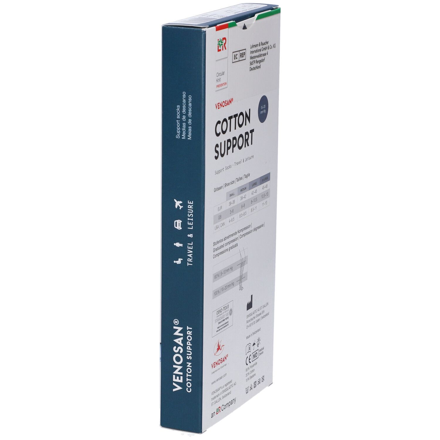 Scatola Venosan Cotton Support. Vista laterale con nome prodotto, logo e informazioni produttore. Croce svizzera.