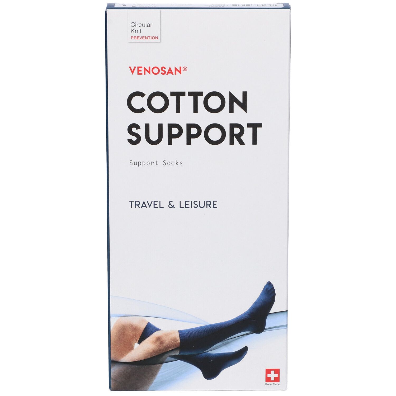 Scatola Venosan Cotton Support. Scritto: Cotton Support, Travel & Leisure. Immagine: gamba con calza. Croce svizzera.