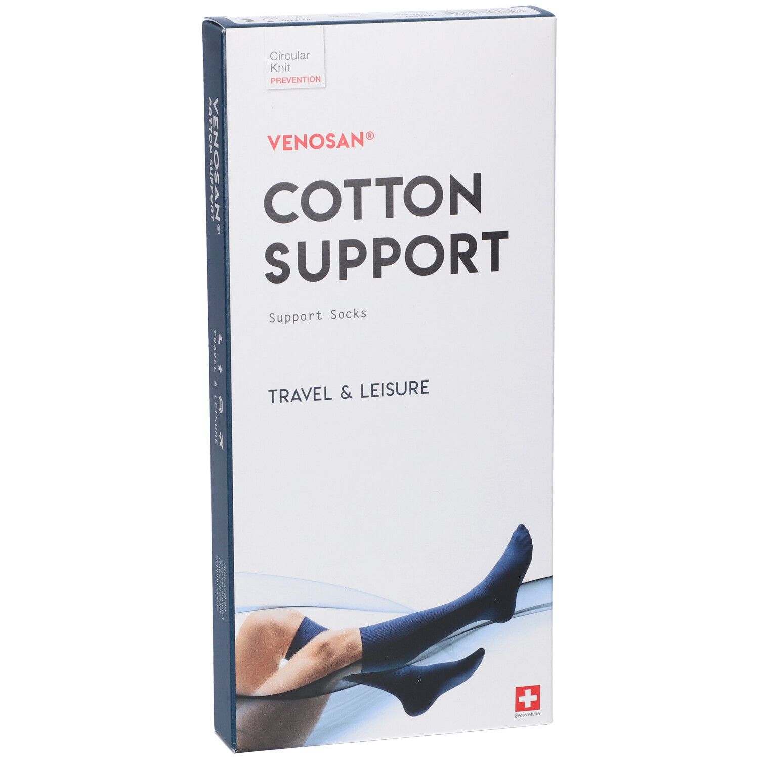 Scatola Venosan Cotton Support. Scritto: Cotton Support, Travel & Leisure. Immagine: gamba con calza. Croce svizzera.